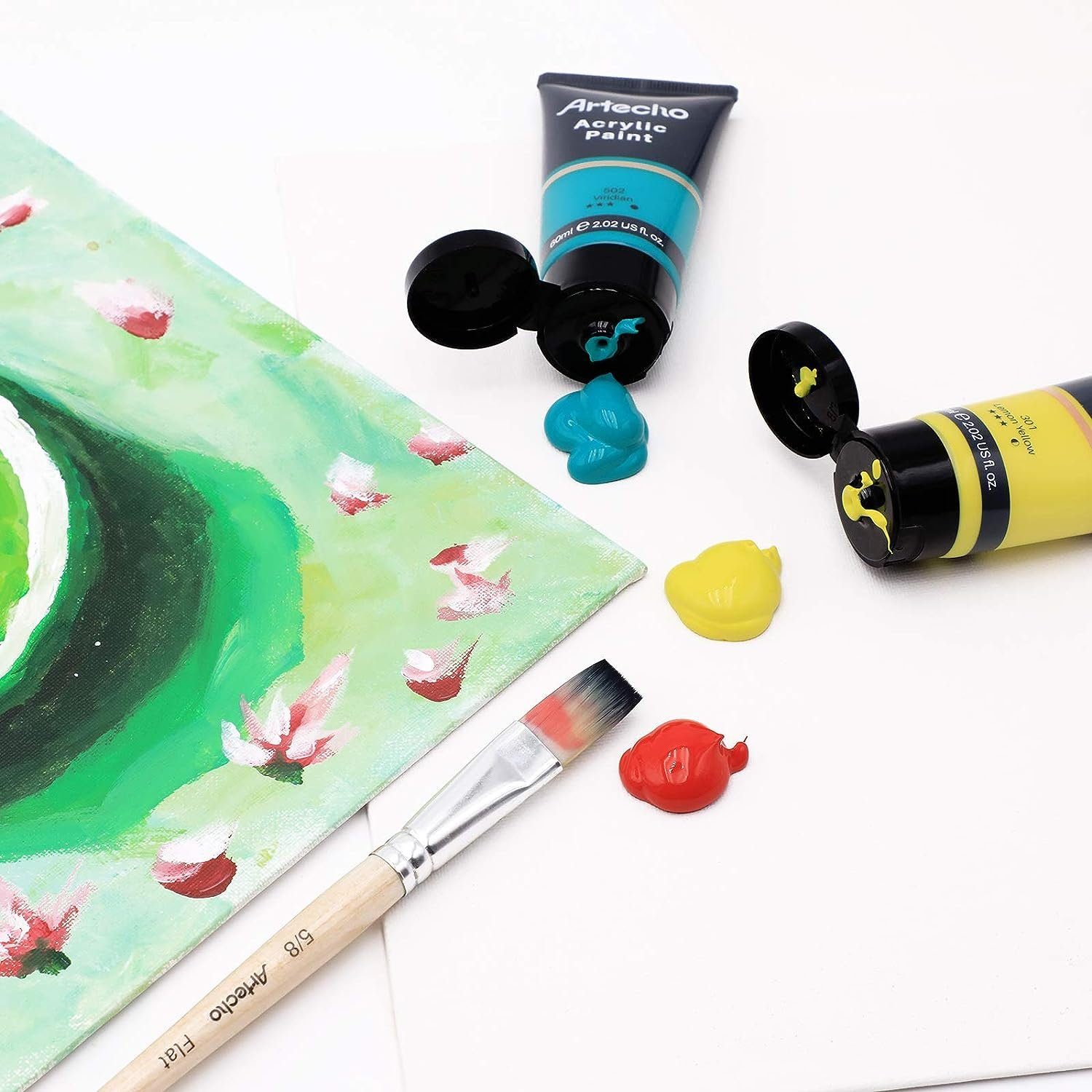 Artecho Acrylfarbe 6 x 60ml + 1 x 120ml Wasserfest Acrylfarben mit 10 Pinseln & 1 Palette, für Papier, Ton, Holz, Steine – zum Reisen, Malen & Freude verschenken