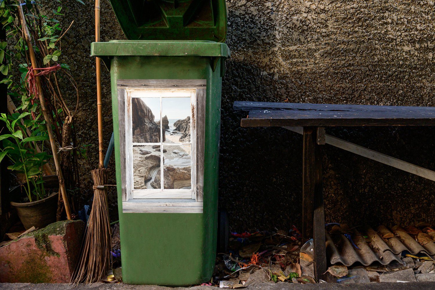 Mülltonne, Holz St), (1 Durchblick MuchoWow Wandsticker Sticker, Container, - Mülleimer-aufkleber, - Abfalbehälter Strand