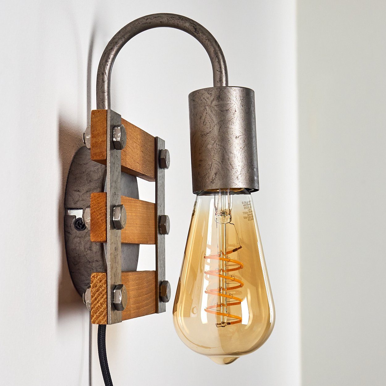 hofstein Wandleuchte »Roiano« Wandlampe aus m. ohne am in An-/Ausschalter im Design Metall/Holz Retro/Vintage Kabel 1xE27, Silber/Braun, Leuchtmittel, Wandspot