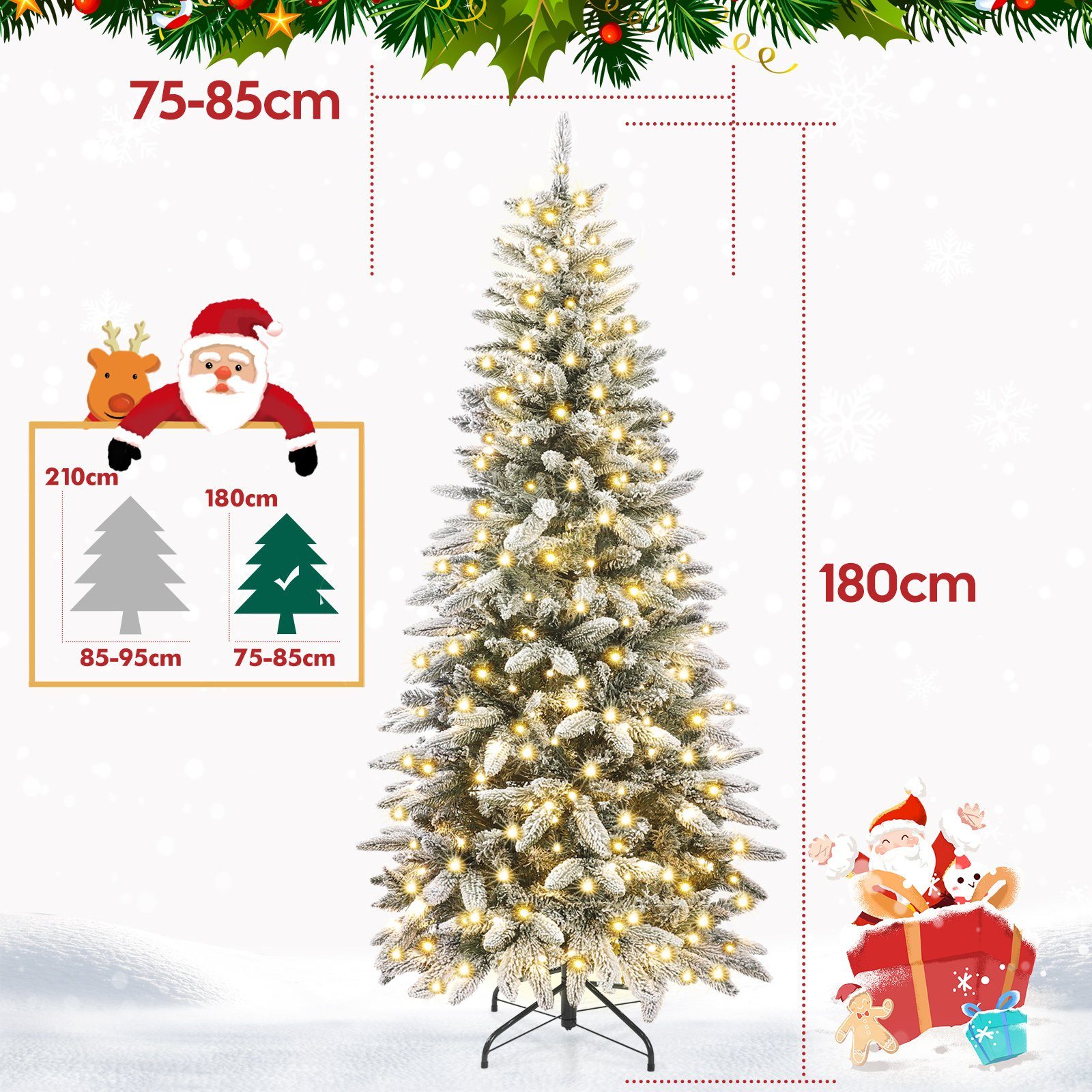 Yorbay Künstlicher Weihnachtsbaum Künstlicher Slim Tannenbaum aus PE und PVC, mit LED Beleuchtung, 180 / 210 cm auswählbar, mit Ständer, Schneeflocken, Schlankes Design, Weihnachtsbaum Christbaum für Weihnachten-Dekoration