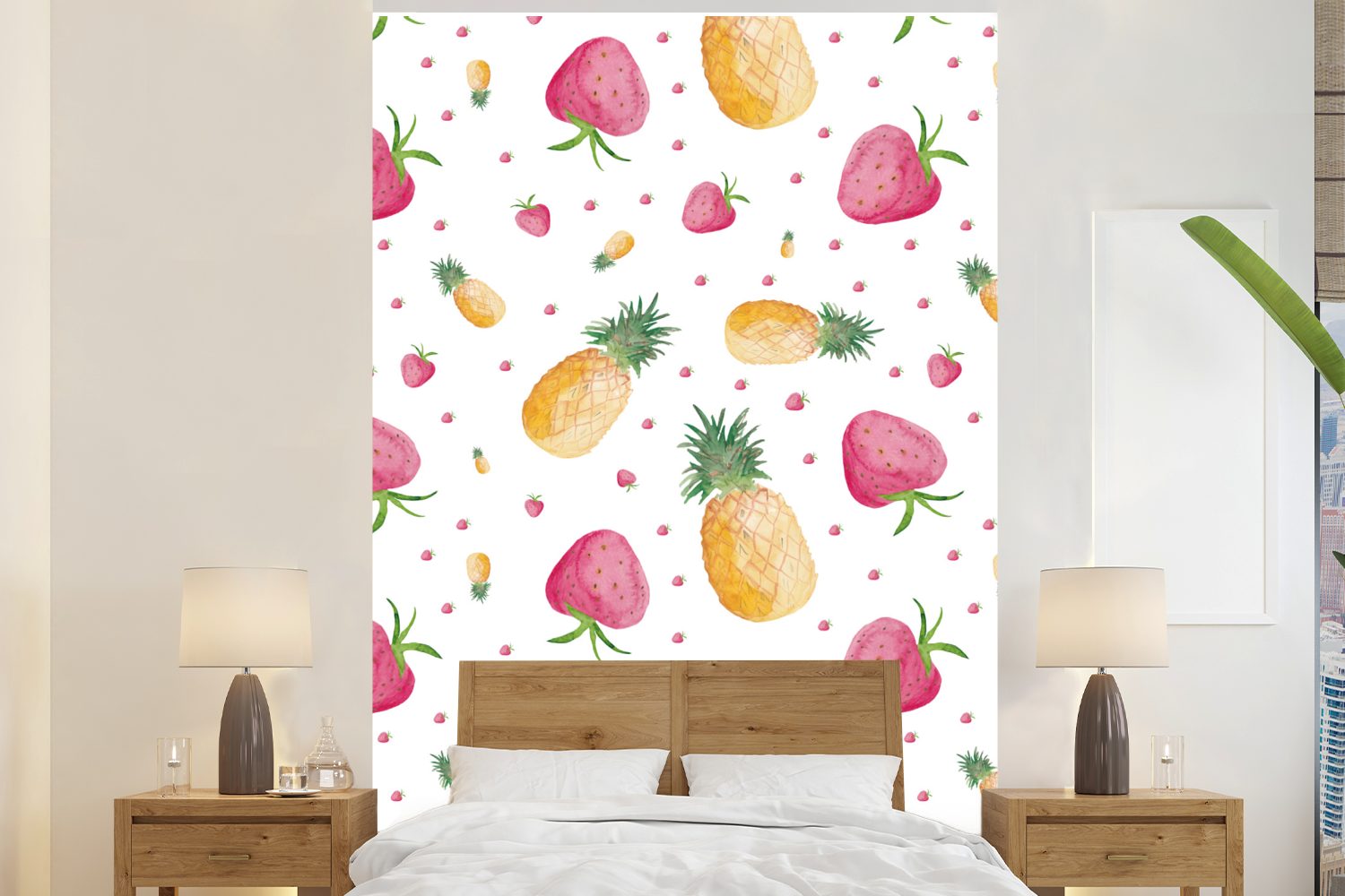 MuchoWow Fototapete Ananas - Erdbeeren - Aquarell, Matt, bedruckt, (3 St), Montagefertig Vinyl Tapete für Wohnzimmer, Wandtapete