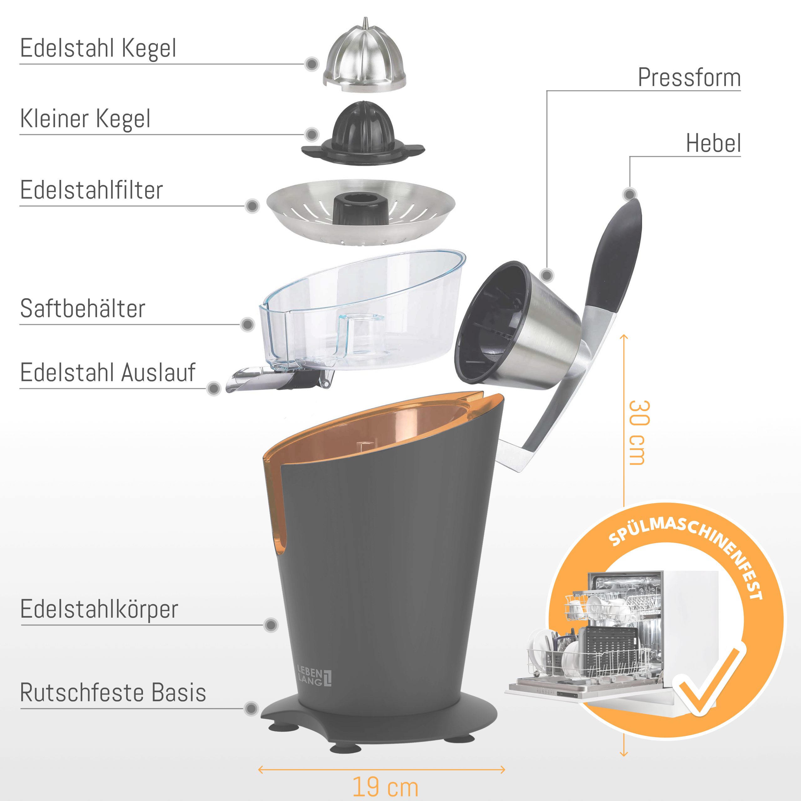 Lebenlang Zitruspresse LEBENLANG Saftpresse elektrisch 600W - Inkl. Edelstahlkegel & BPA-Frei, 600,00 W, Hohe Saftausbeute, Schwarz & Silber – Bild 3 von 5