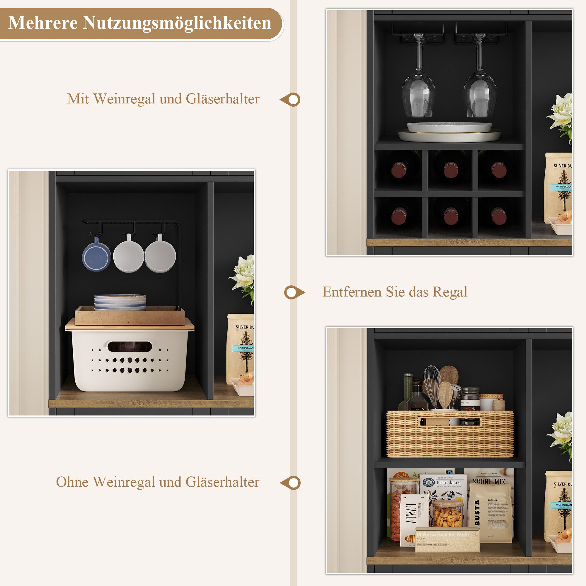 HOMECHO Küchenbuffet Küchenschrank mit Arbeitsplatte Buffetschrank mit 6 Türen Flaschenhalter und Glashalter 180x106x37cm – Bild 5 von 5