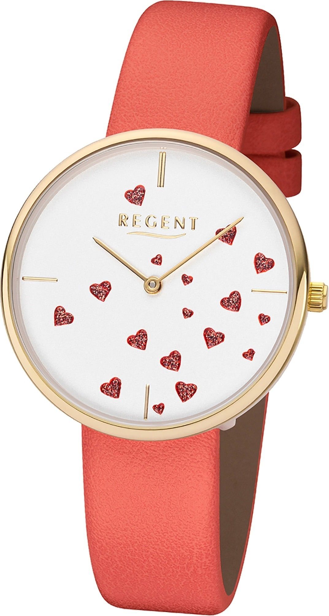 Regent Quarzuhr Regent Leder Damen Uhr BA-609 Armbanduhr, Damenuhr Lederarmband rot, rundes Gehäuse, mittel (ca. 36mm)