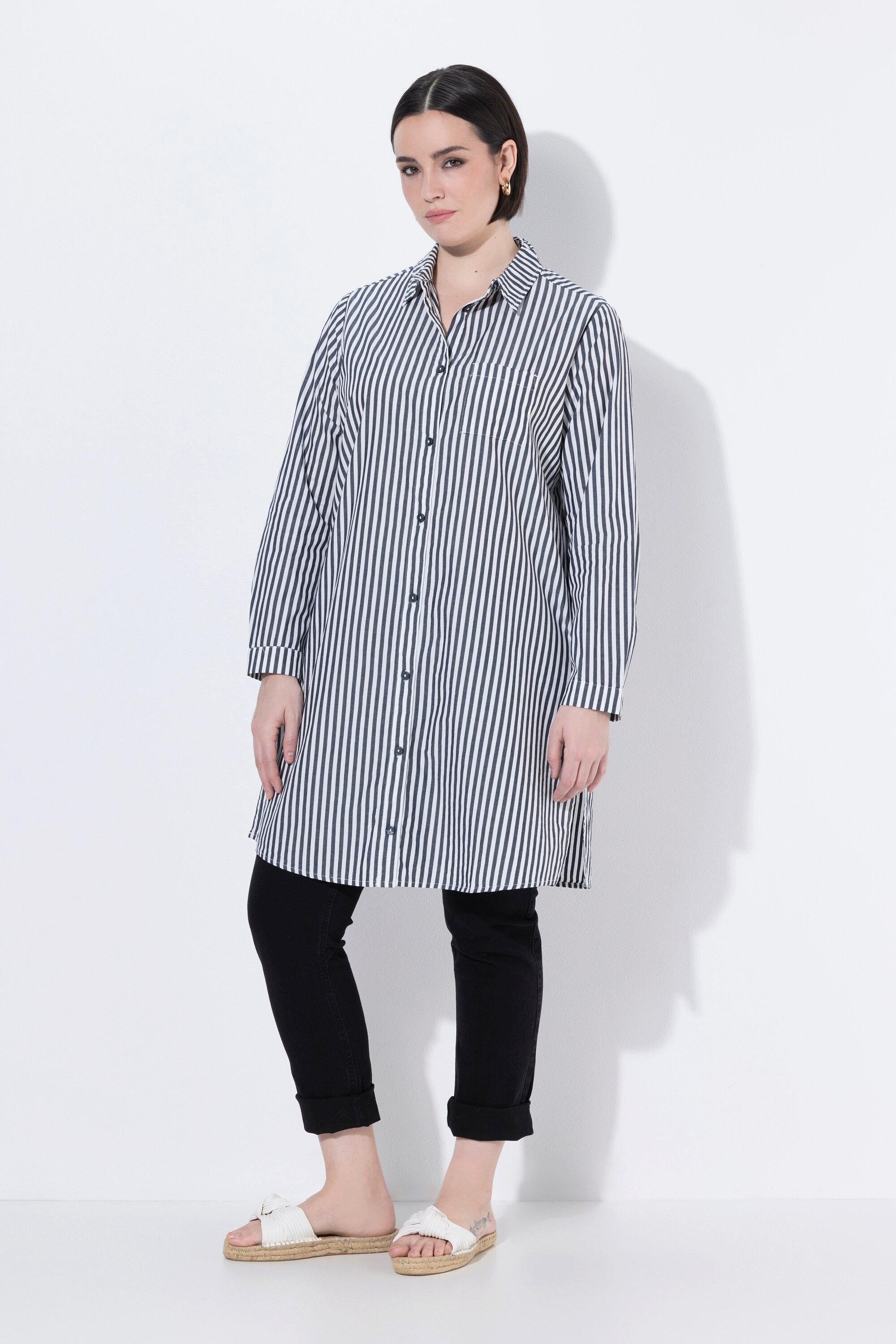 Ulla Popken Hemdbluse Hemdbluse Streifen Hemdkragen A-Linie Langarm