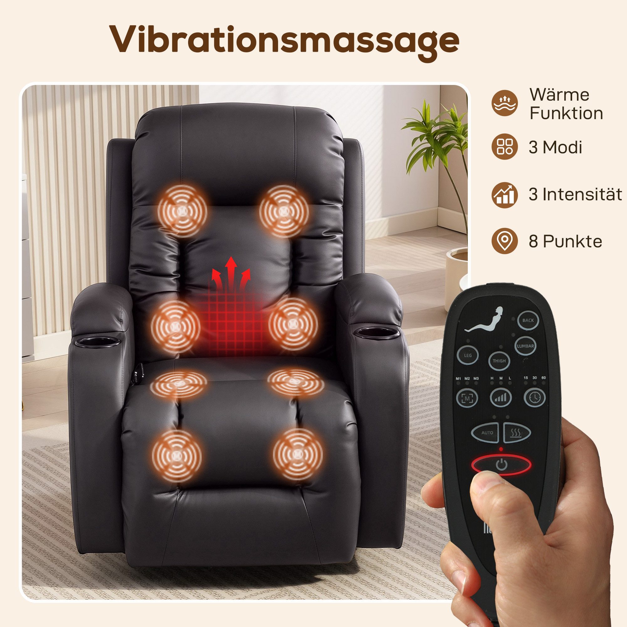 HOMCOM Massagesessel Fernsehsessel mit 8 Massagemodi, Fernbedienung (Relaxsessel, 1-St., Fernsehsessel), Massage- und Wärmefunktion, Hellgrau – Bild 4 von 5