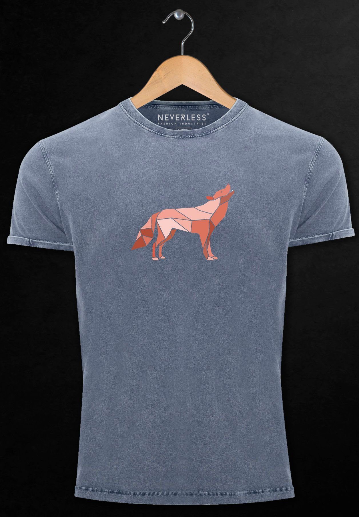 Neverless Print-Shirt Herren Vintage Shirt Outdoor Wil Aufdruck Print Polygon Geometrie mit Wolf Print blau