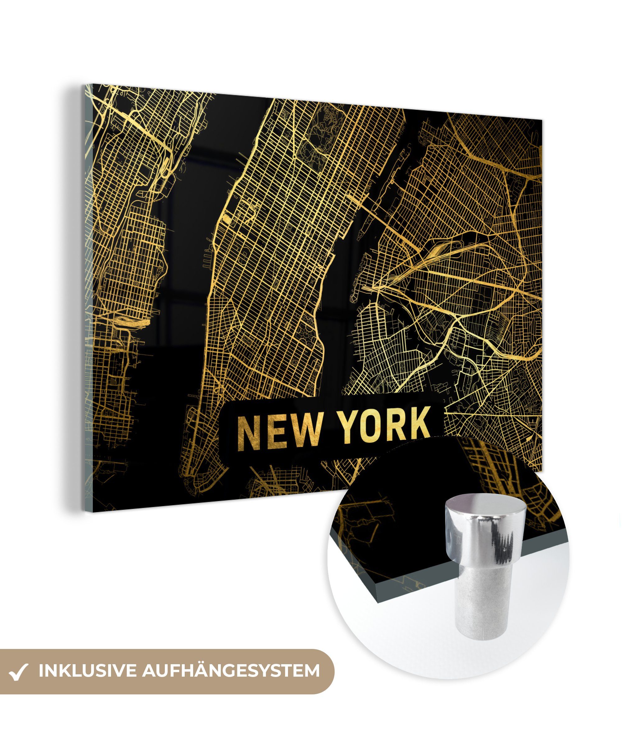 MuchoWow Acrylglasbild New York - Karte - Zusammenfassung, (1 St), Acrylglasbilder Wohnzimmer & Schlafzimmer
