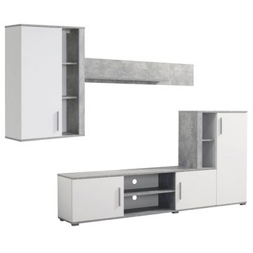 Homestyle4u Wohnwand Schrankwand Anbauwand Wohnzimmer-Set Modern Weiß Beton Optik Holz, (3-St)