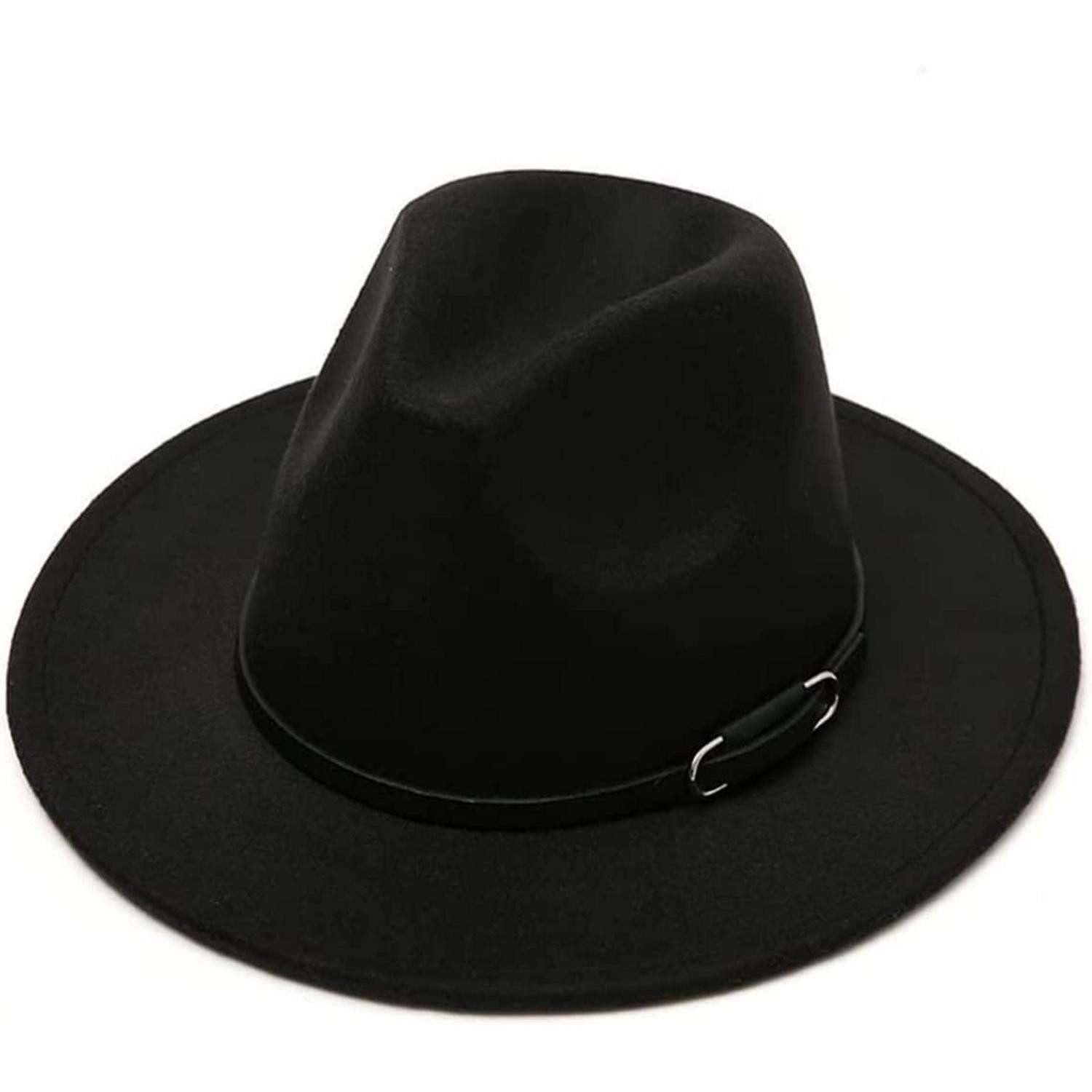 LuxusKollektion Fedora Fedora Hut Unisex Wollmischung breite Krempe Gürtelschnalle schwarz