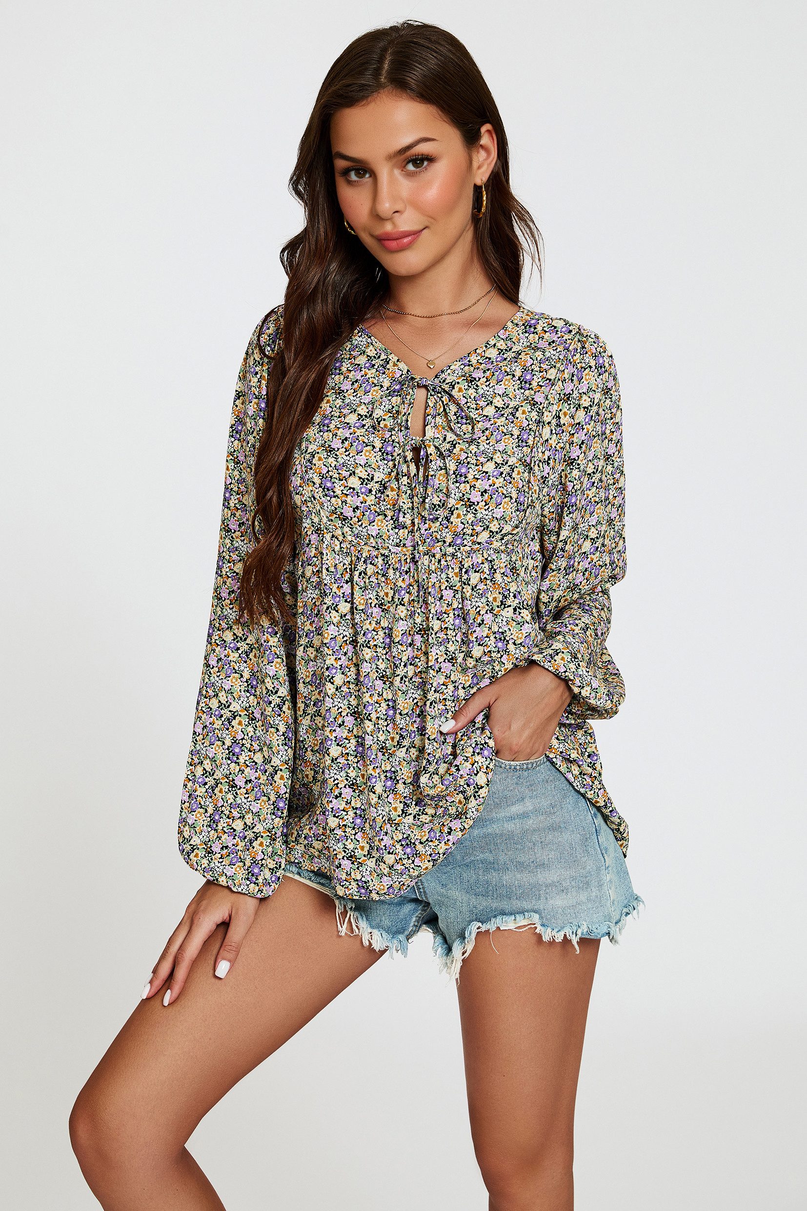 Langarmbluse Damen Bluse mit V-Ausschnitt mit Bindedetail - Blusenoberteil