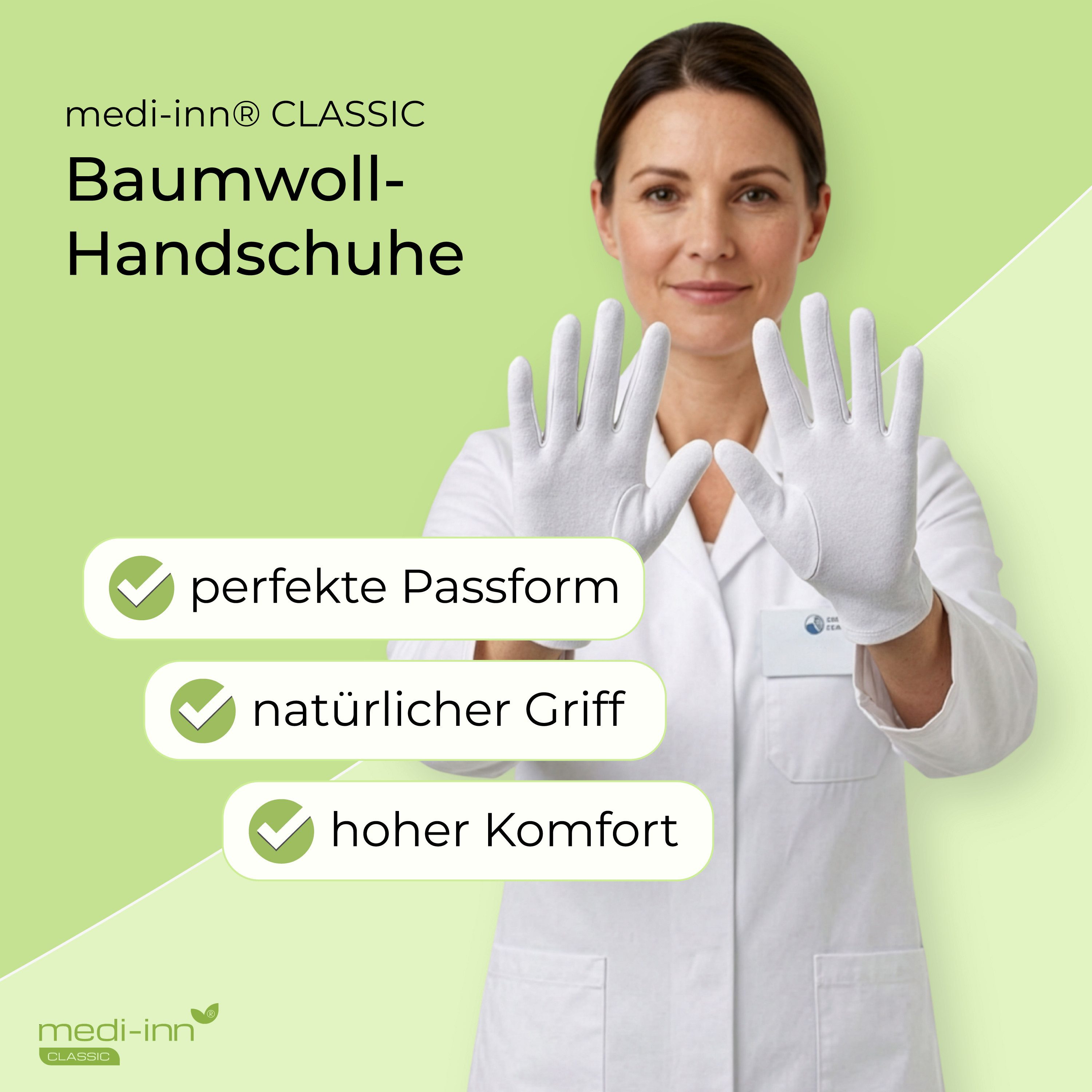 Medi-Inn CLASSIC Baumwollhandschuhe Trikot, reinweiß, atmungsaktiv, 100 % Baumwolle atmungsaktiv