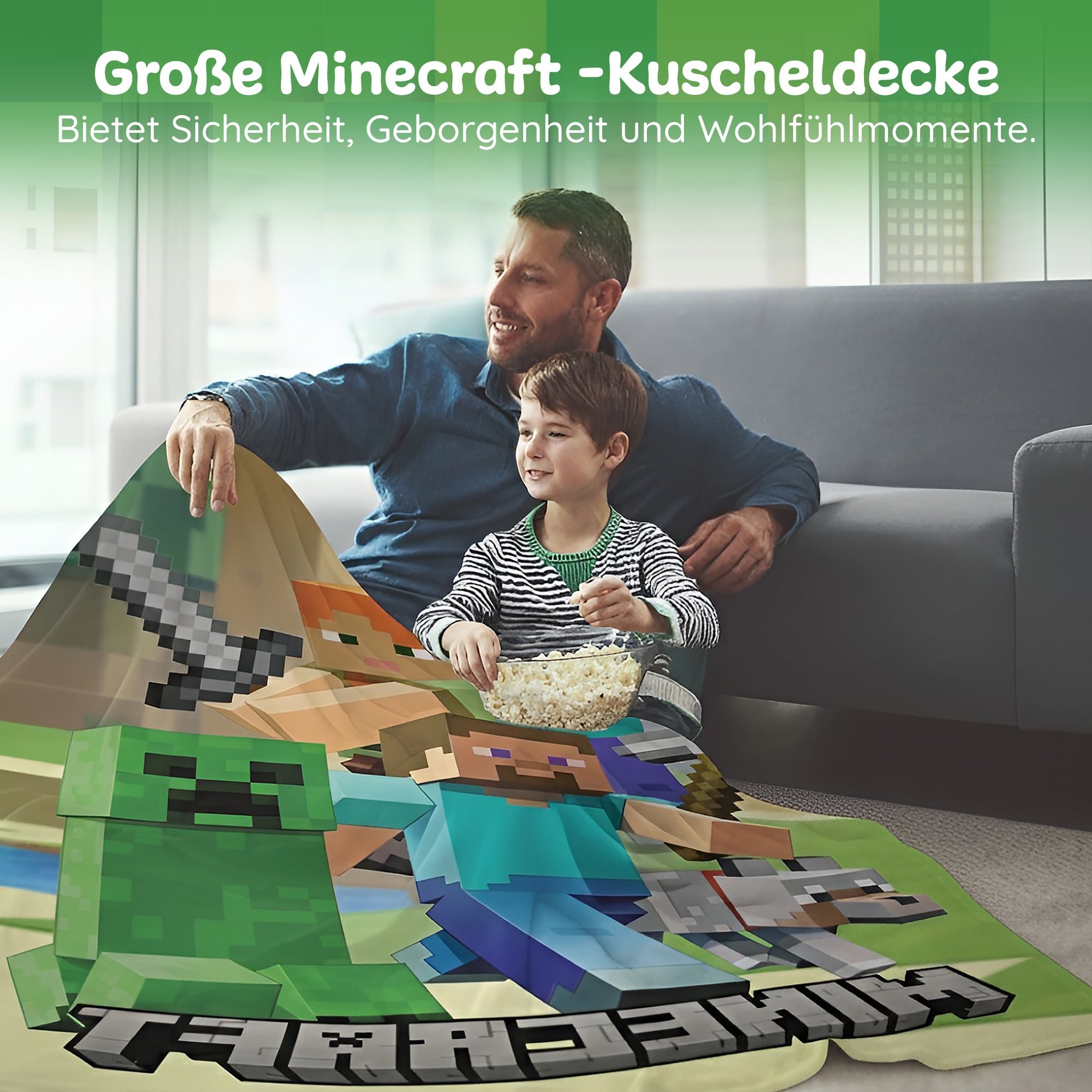 Kinderdecke Minecraft Decke XL für Gamer extra Groß 160x200 cm - Fleece, weich, Familando, mit Charakteren Steve, Alex, "Creeper" und Hund