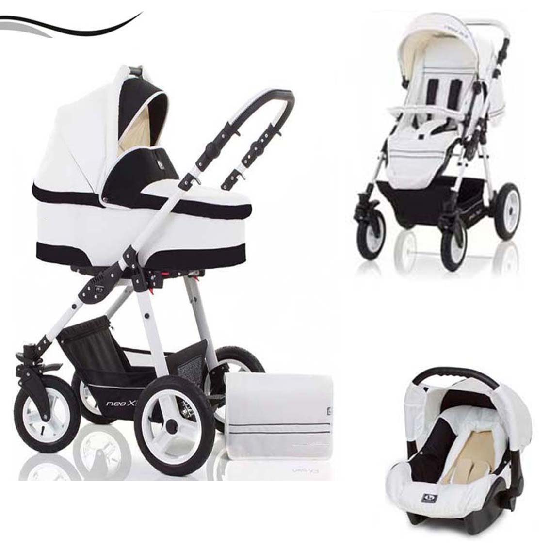 babies-on-wheels Kombi-Kinderwagen City Star 3 in 1 inkl. Autositz - 16 Teile - von Geburt bis 4 Jahre in 16 Farben Weiß-Schwarz | Kombikinderwagen