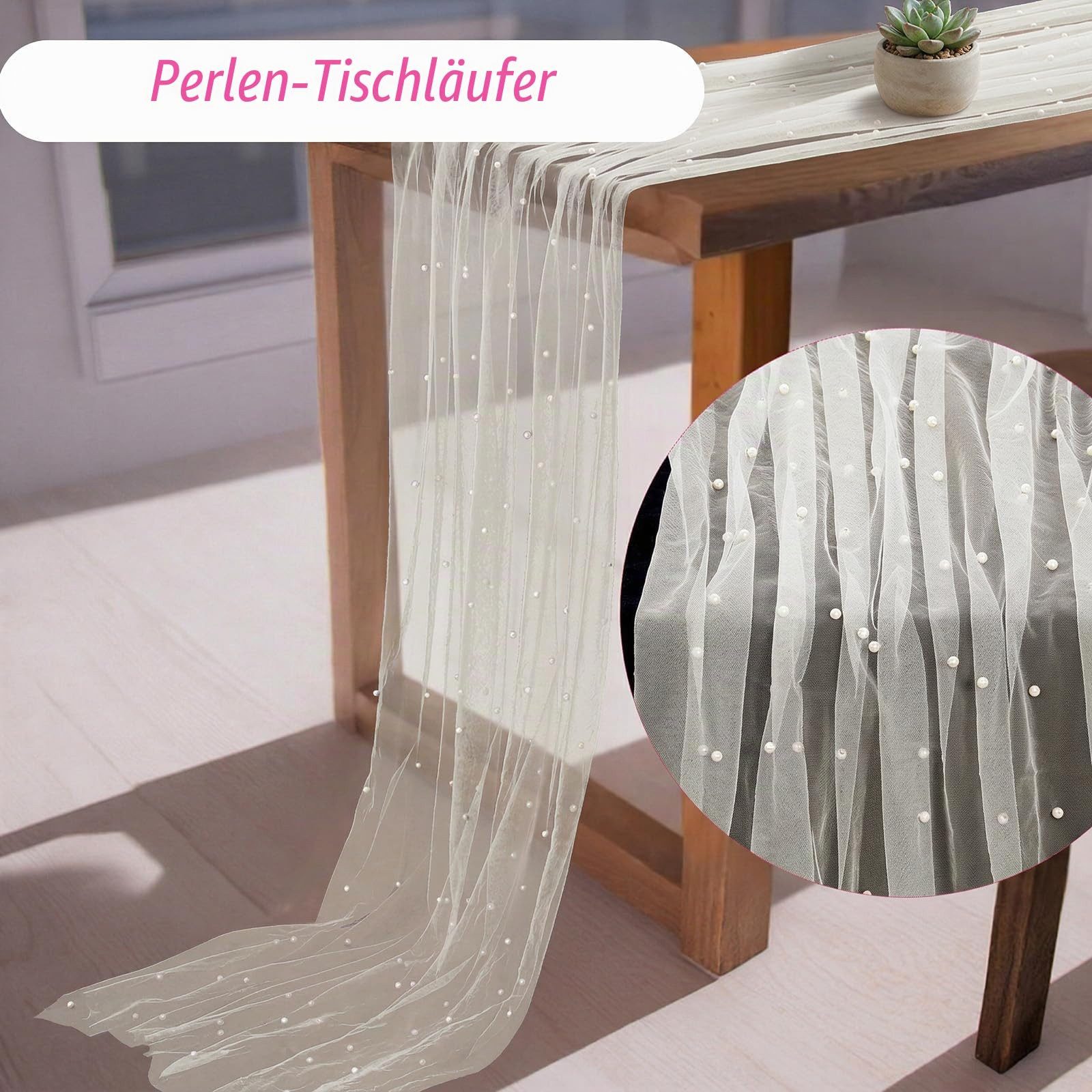 FOUORTUNATE-BEE Tischläufer Tischläufer aus Tüll mit Perlen 75 x 300 cm, Perlentüll Tischdecke (Tüllstoff Netz Tischband Tischdekoration für Hochzeit, Brautpart – Bild 2 von 5