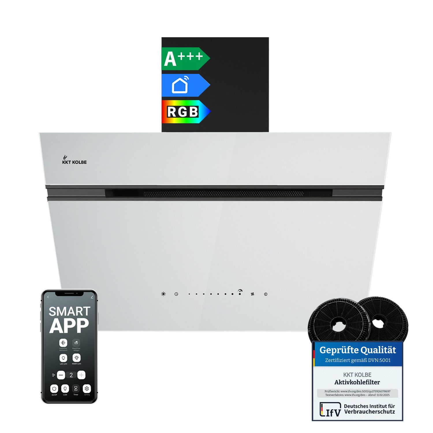 KKT KOLBE Wandhaube Dunstabzugshaube 60cm AURORA6005SW RGBW Ambientebeleuchtung Dunstabzugshaube 60cm AURORA6005SW RGBW Ambientebeleuchtung, Kopffreihaube / Umluft / Abluft / Smart WiFi-App / Schwarz Weiß / Glas