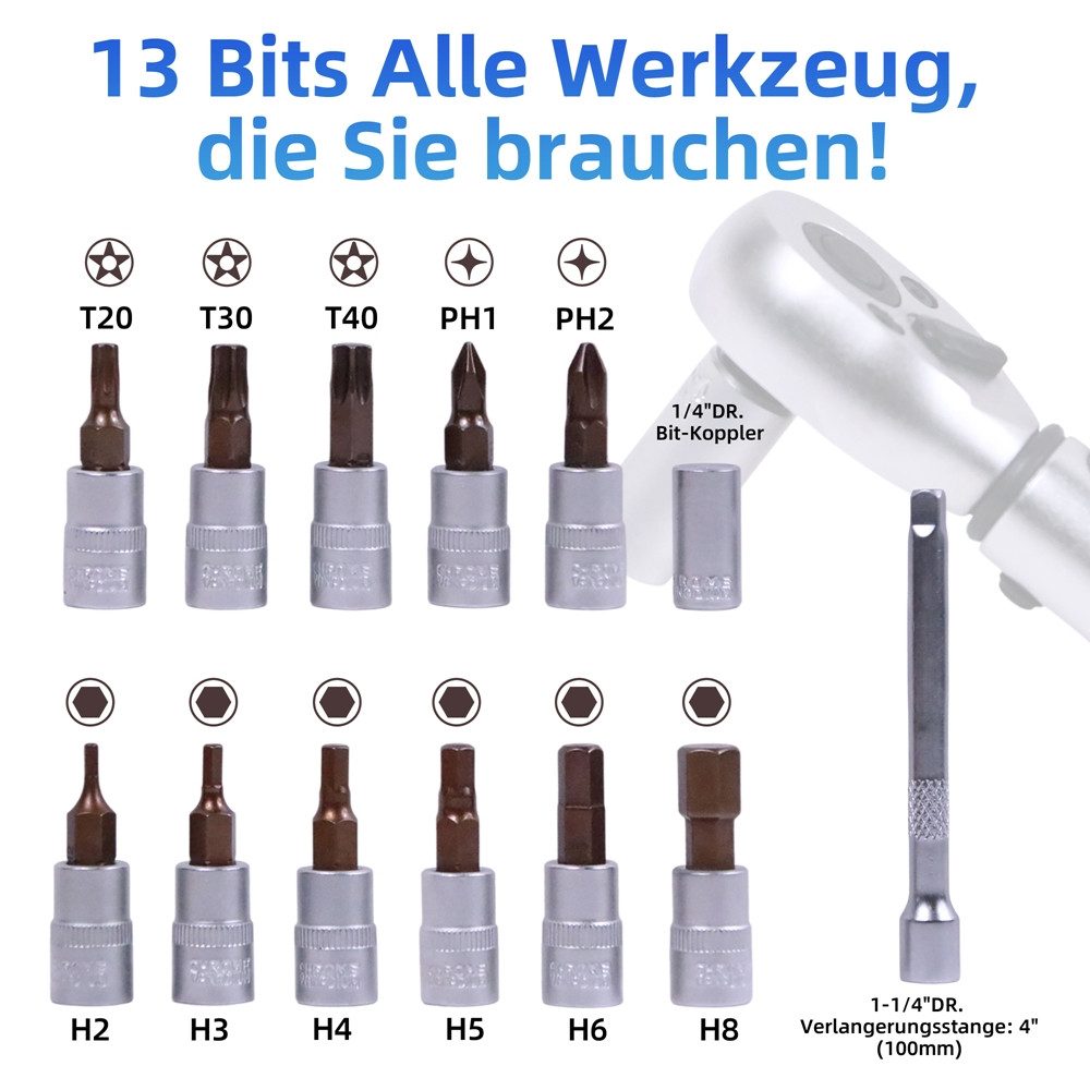 Mucola Torque Wrench Set 1/4" 3-25Nm 72 Teeth Reversible Ratchet Head (Set of 15), 6.3 mm (1/4") Drive, Chrome Vanadium Steel, incl. Work Gloves