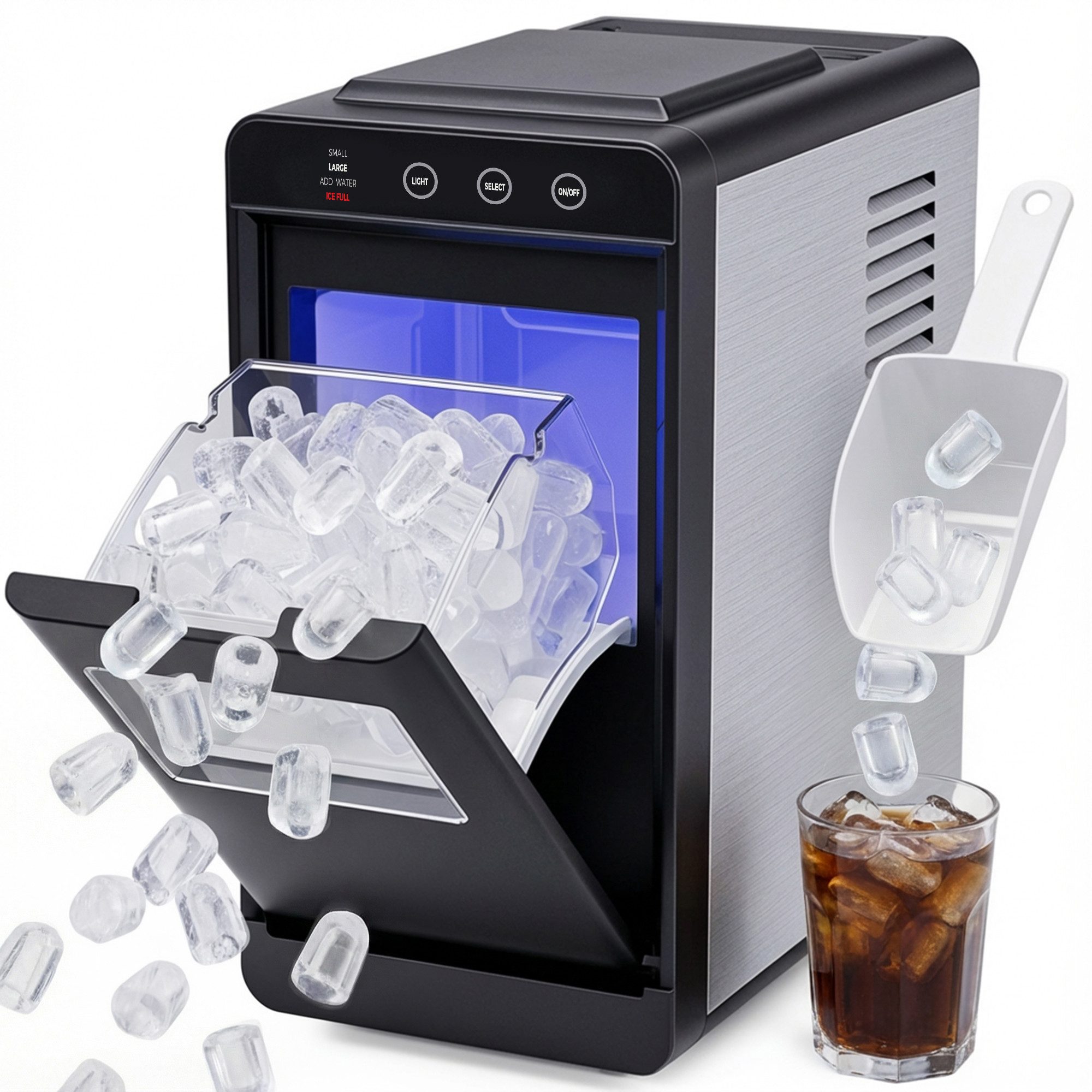 Rebonique Eiswürfelmaschine 12kg/24H mit Selbstreinigung, LED-Anzeige, 2 Eiswürfelgrößen Edelstahl, 0,8-l-Wassertank, Eisbereitungszeit: 6–8 Minuten, Eisschaufel