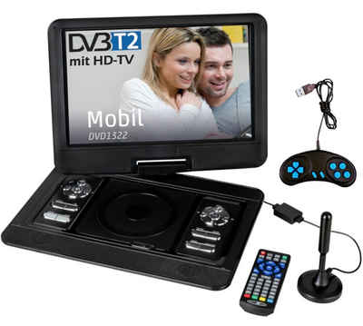 Reflexion DVD1322B Portabler DVD-Player (13” tragbarer LCD-Monitor, DVB-T2 HD, DVD-Player, Gamepad, Game-Disk, USB, Micro-SD, Akku, 12V-Adapter)