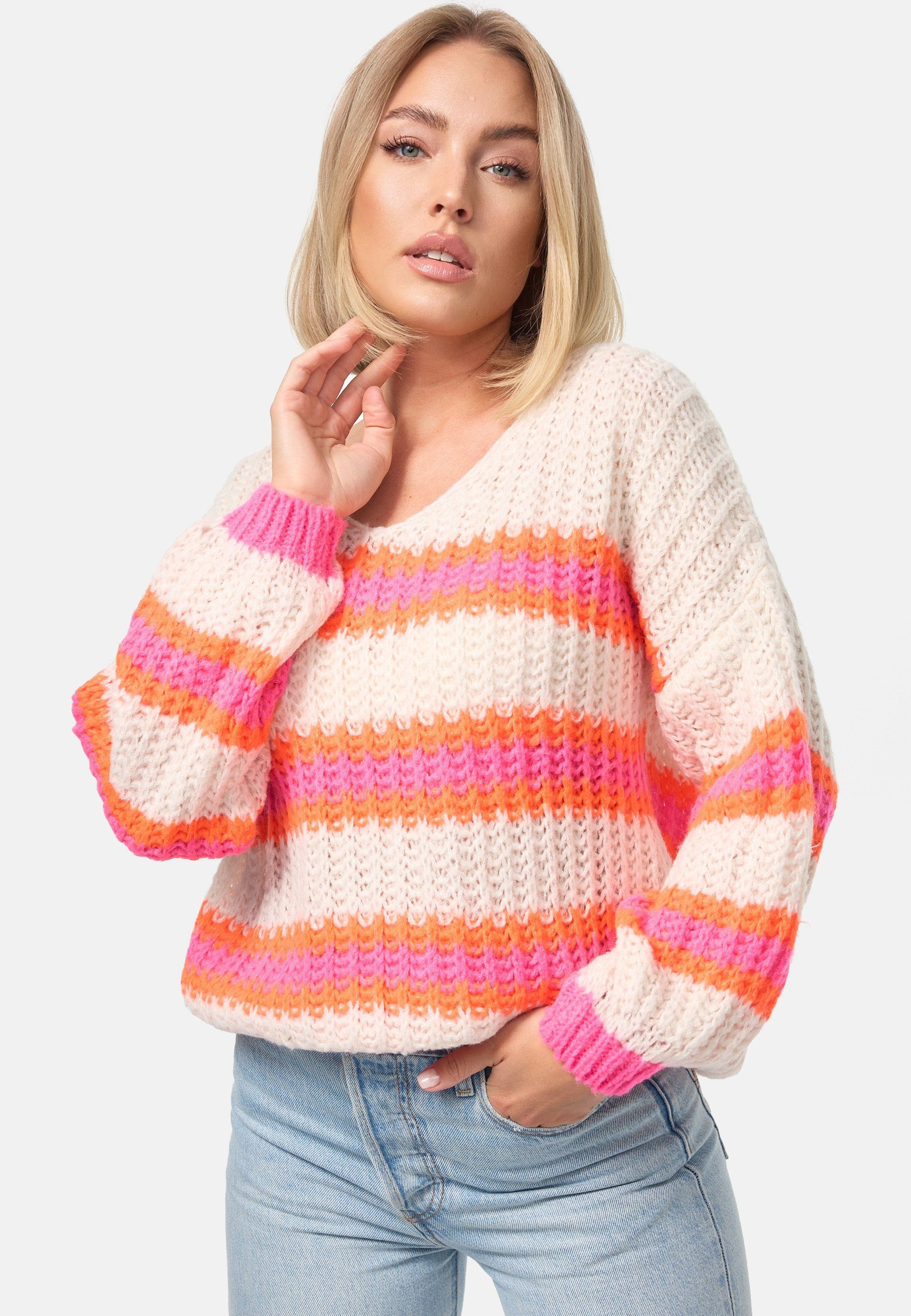 Rayshyne Strickpullover PM-01 (Kuscheliger Bunter Pullover Gestreifter Pulli Einheitsgröße)