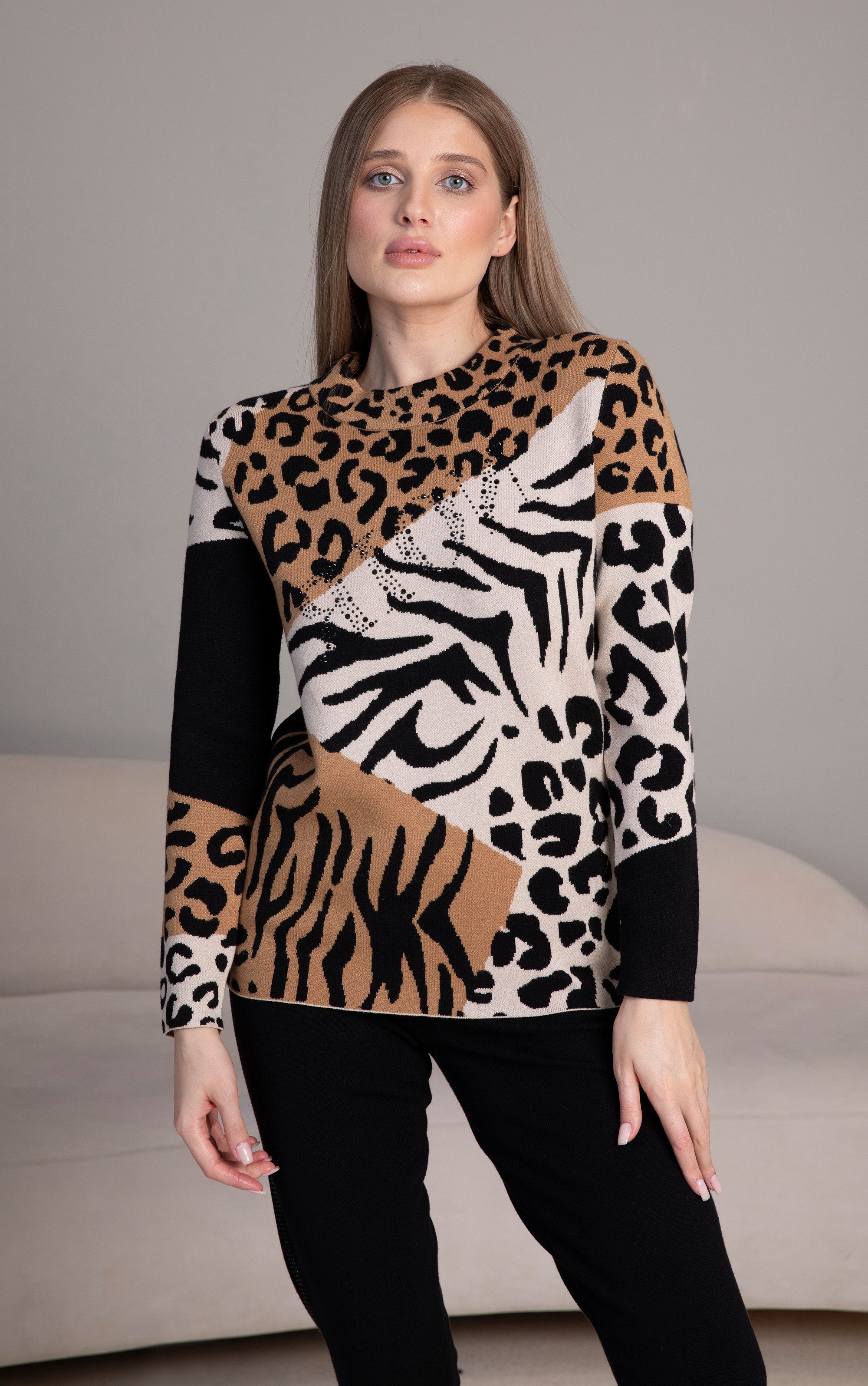 Passioni Strickpullover in Tiermuster Mix und mit Strassdetail günstig online kaufen