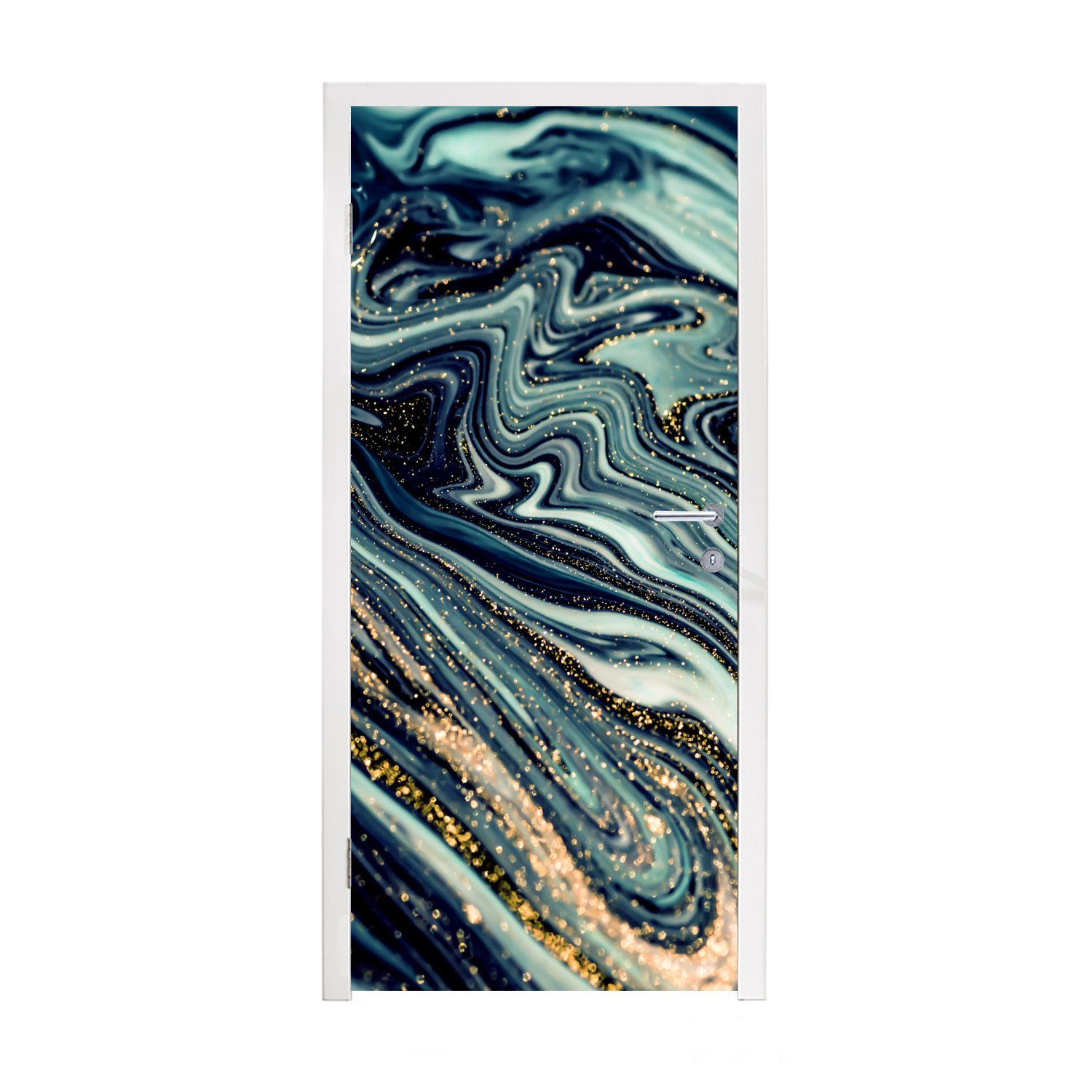 MuchoWow Türtapete Marmor - Gold - Blau - Glitter - Marmoroptik - Abstrakt, Matt, bedruckt, (1 St), Fototapete für Tür, Türaufkleber, 75x205 cm