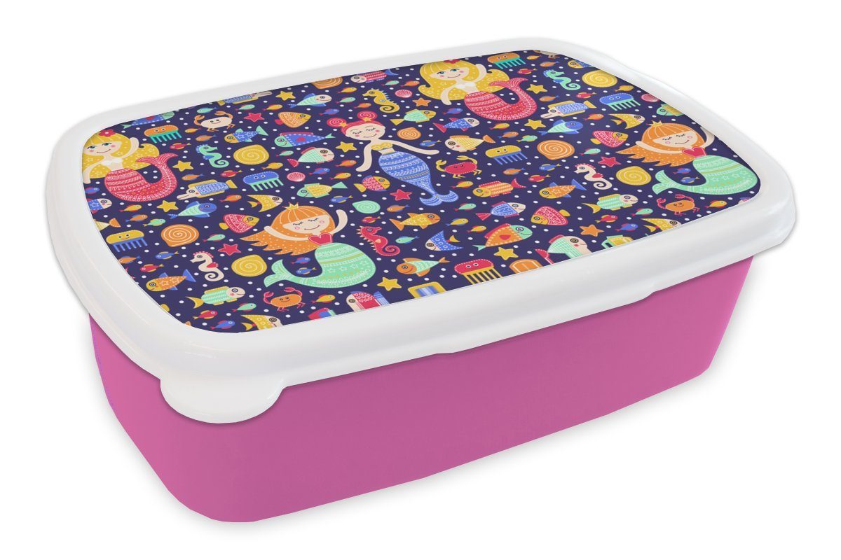 MuchoWow Lunchbox Meerjungfrau - Fisch - Muster, Kunststoff, (2-tlg), Brotbox für Erwachsene, Brotdose Kinder, Snackbox, Mädchen, Kunststoff rosa