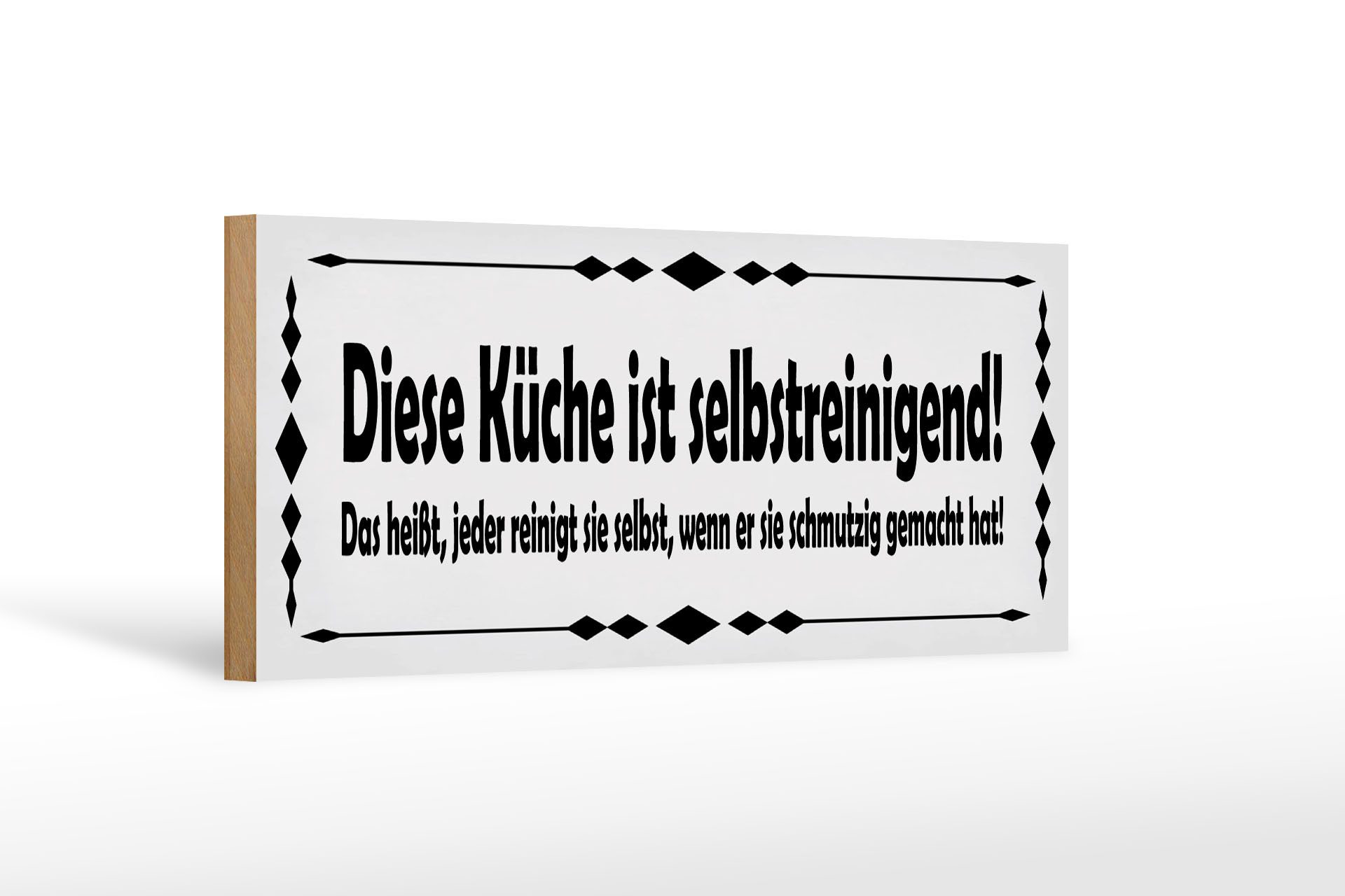 Femer GmbH Holzbild Spruch 27x10 cm Küche Selbstreinigend, (1 St), Glatte Holzfaserplatte (MDF), vorn beschichtet
