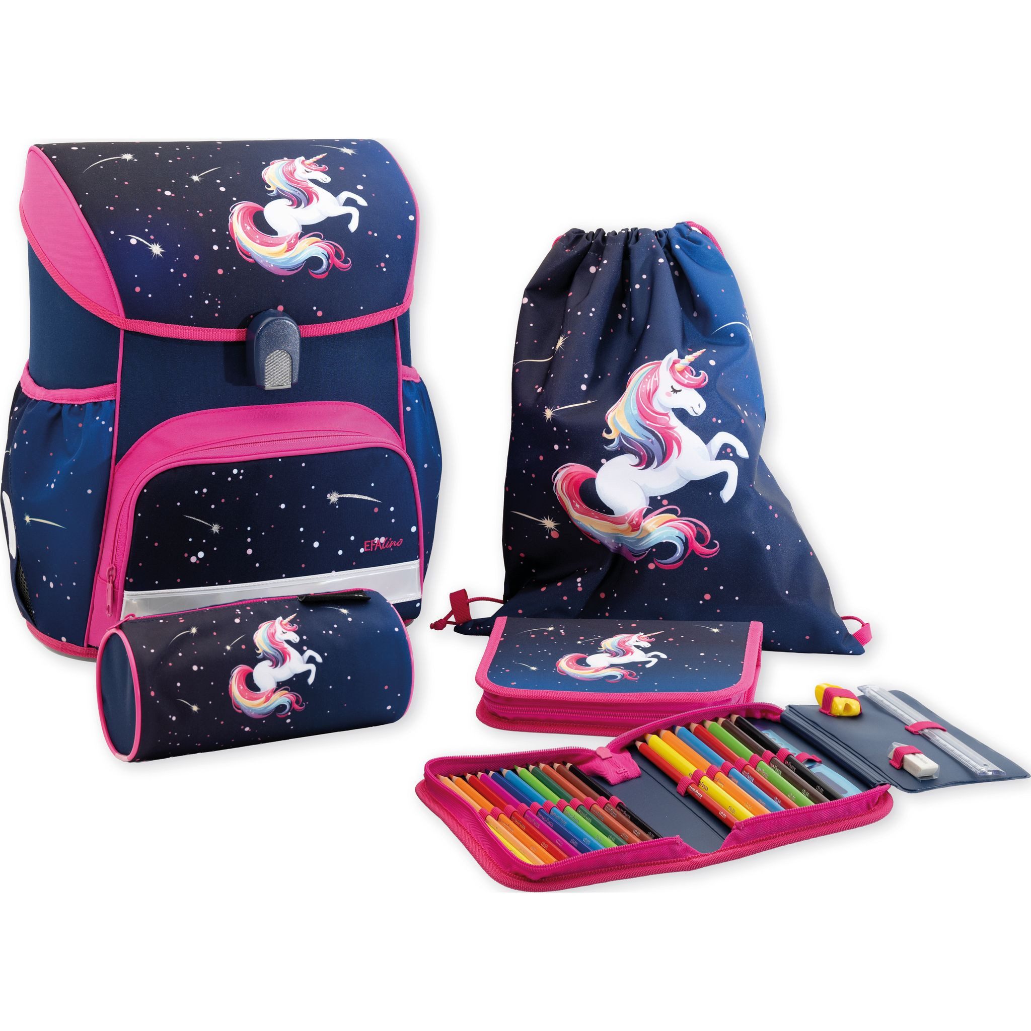 Eberhard Faber Schulranzen EBERHARD FABER Schulranzen Set EFAlino 4-teilig EINHORN blau pink