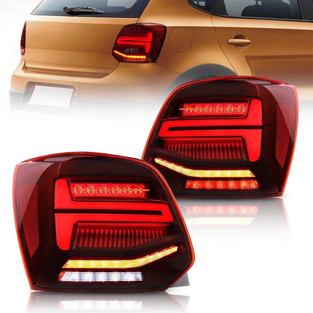 LLCTOOLS Rückleuchte Voll LED Rückleuchten für VW Polo 6R 6C 2011-2017 Rot in OLED Technik, LED fest integriert