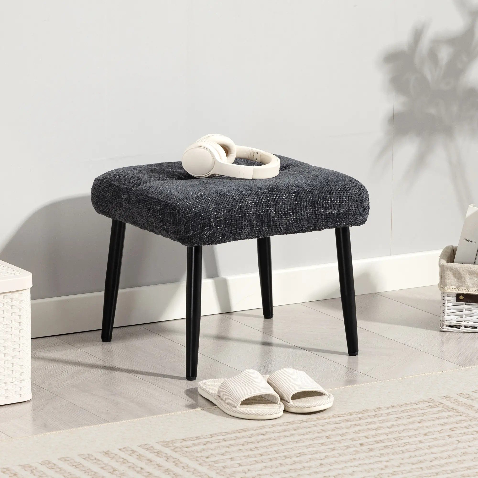 BlingBin Fußhocker Sitzhocker Hocker mit weichem Sitzkissen Ottoman Polsterhocker (1 Stück, 1 St., 45cm x 41cm x 38cm), Stahlbeinen Fußhocker mit Chenille-Stoff für Wohnzimmer