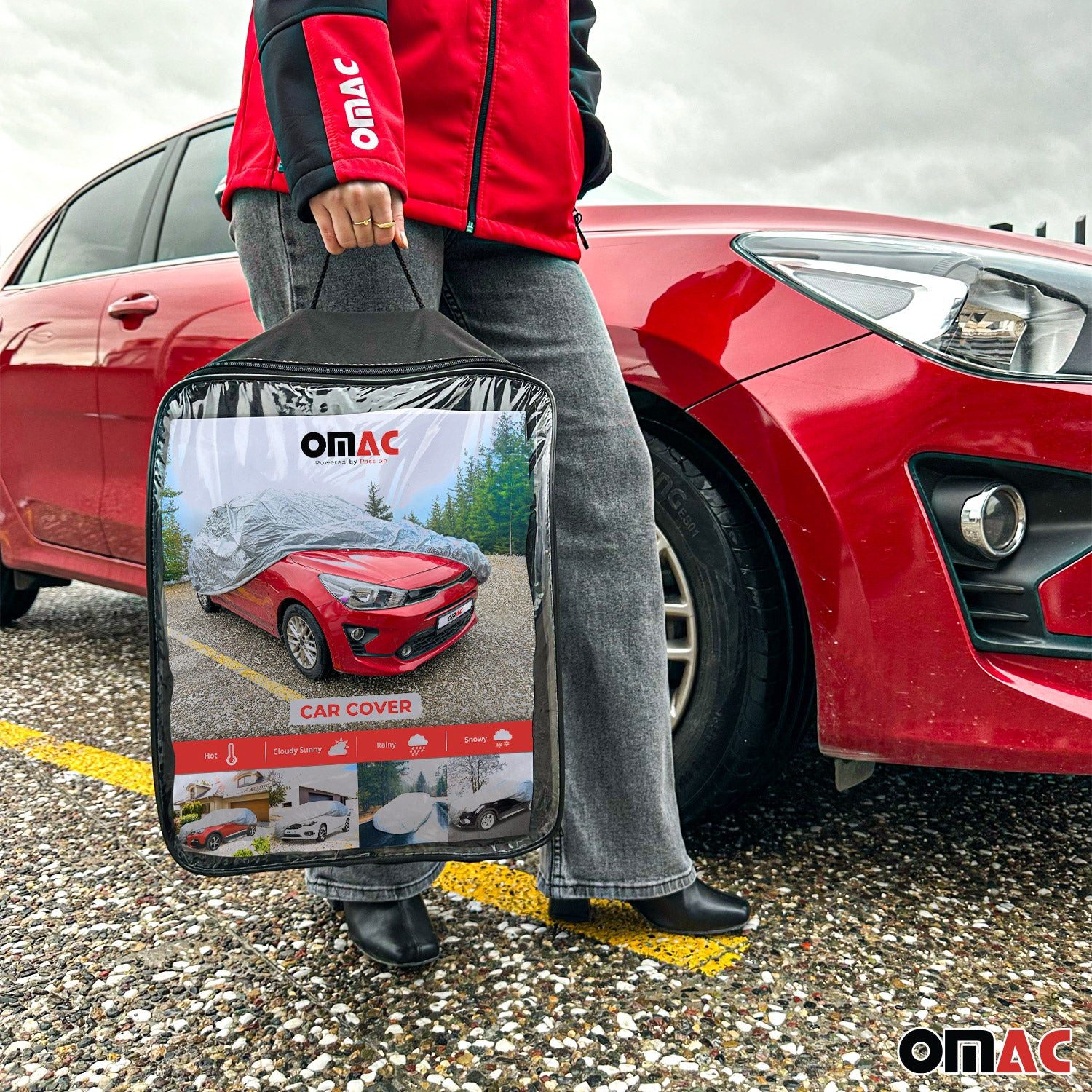 OMAC Car Sunshade, Car Cover, Full Garage, Universal Car Cover, Grey, 460x165x119, 35 x 10 cm, Portable, Elastic Hem, Waterproof, Foldable, UV Resistant