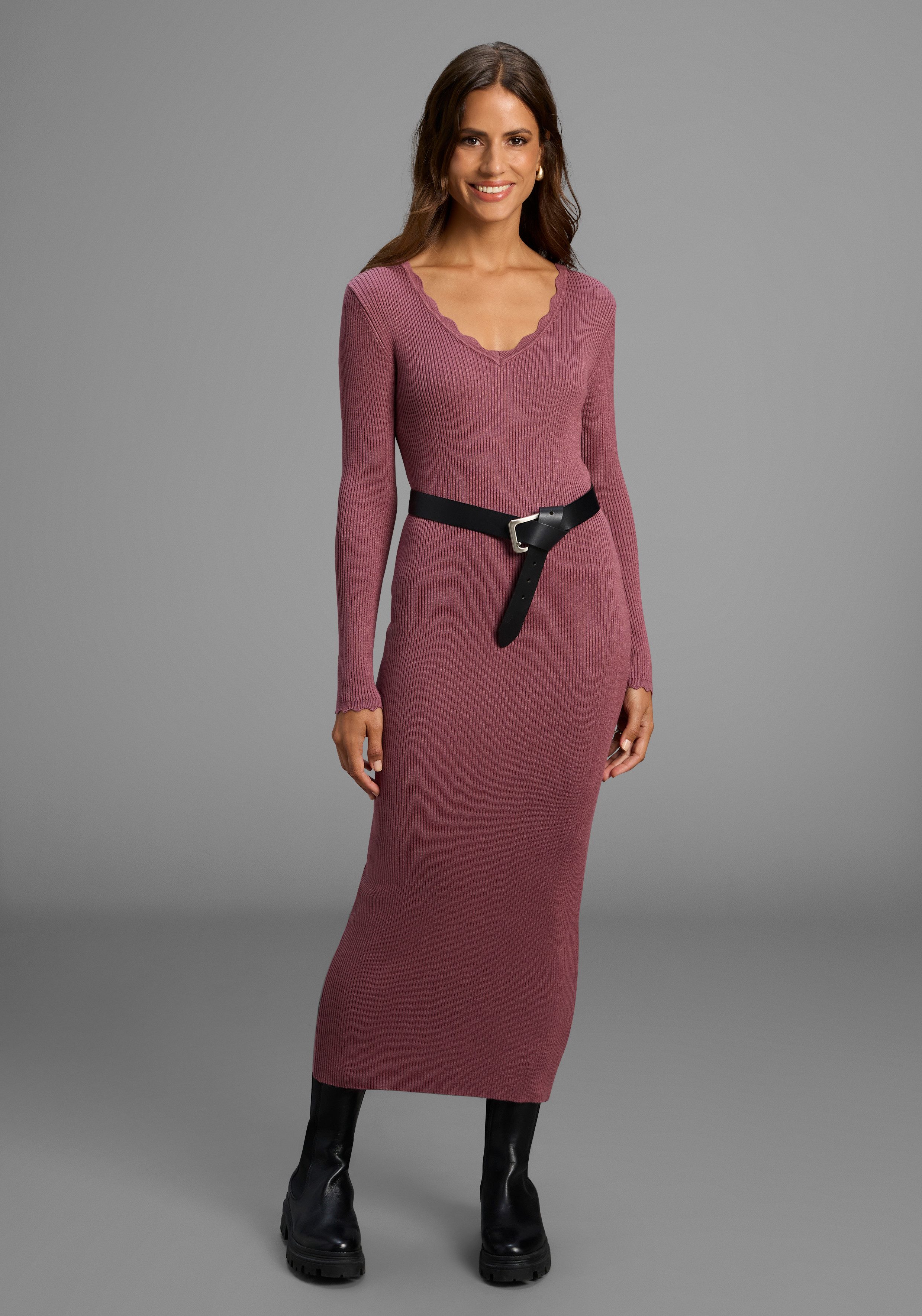 Laura Scott Strickkleid in Midi-Länge mit femininen Wellenkanten - NEUE KOL günstig online kaufen