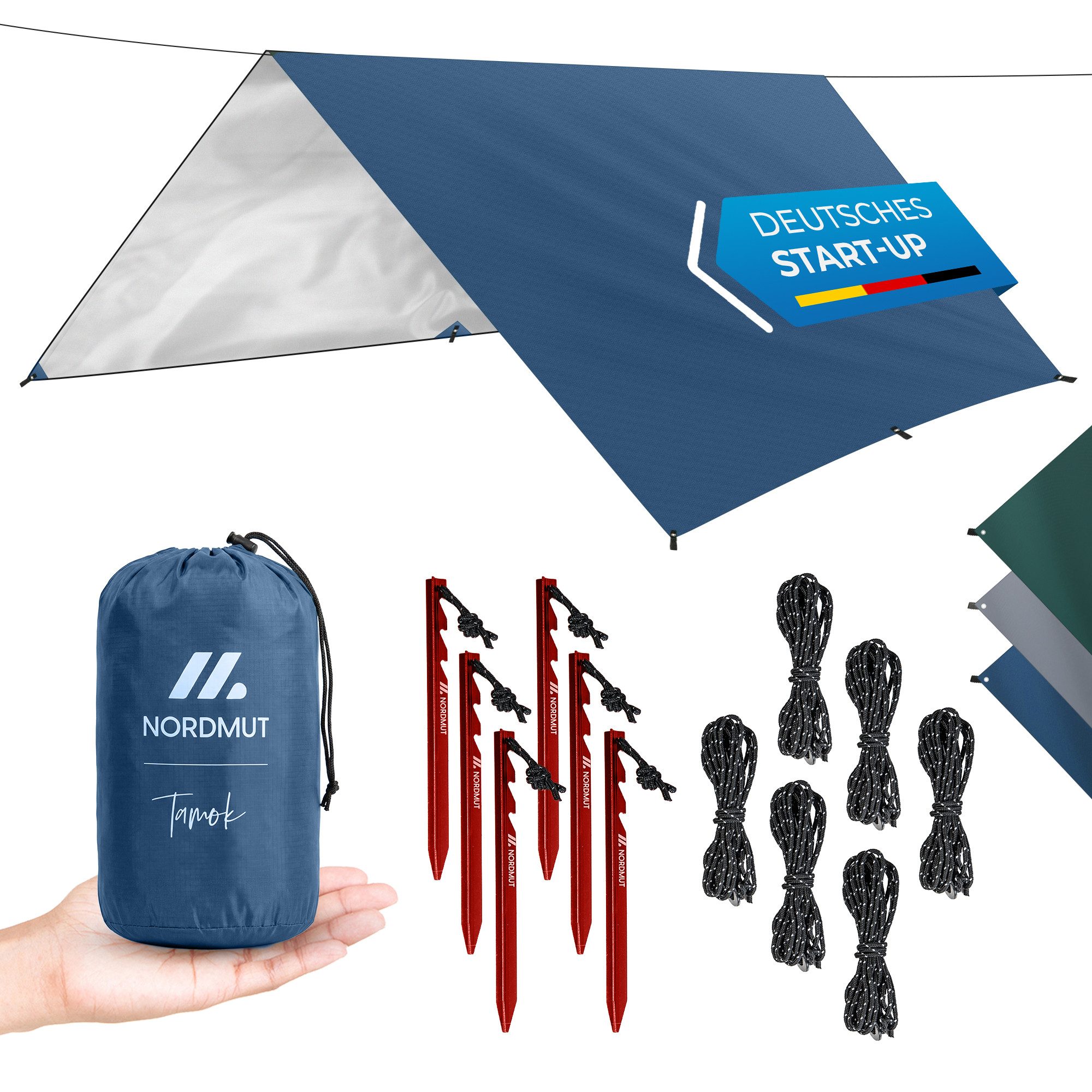 Nordmut Tarp-Zelt Zeltplane wasserdicht ultraleicht, Regendach Sonnensegel Camping, Personen: 2 (Set, 1 tlg., Tarp, 6 Alu-Heringe, 6 Abspannseile, Transporttasche), 210D Ripstop-Polyester, PU 3000, reißfest, Trekking, Bikepacking