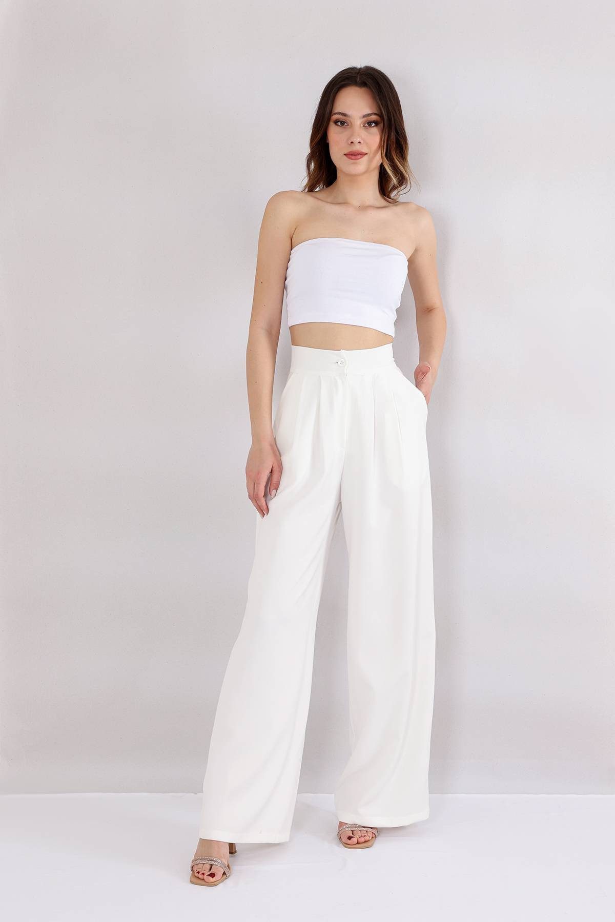 fashionshowcase Bundfaltenhose Damen Palazzohose – Hoher Bund, Weites Bein Business & Casual Style