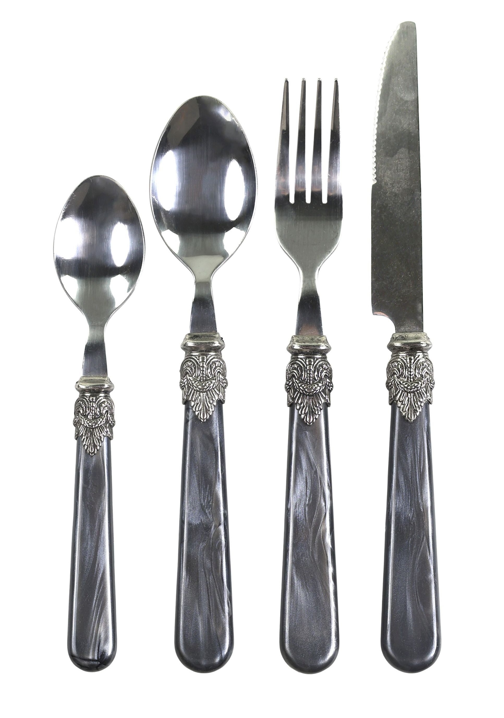 Chic Antique Besteck-Set Besteck Satz 4 teilig Grau mit Silber Verzierung Chic Antique Linas