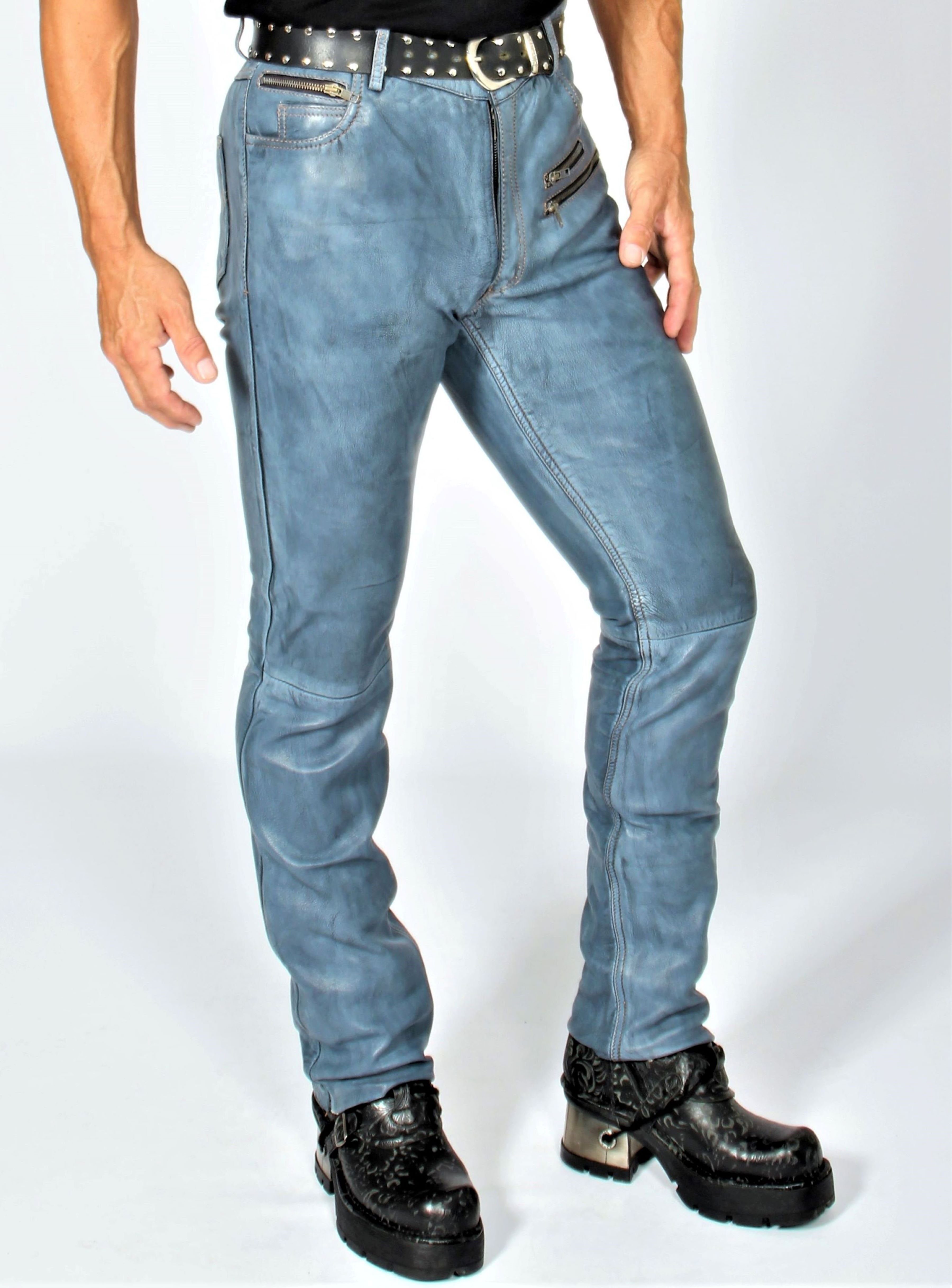 Be Noble Lederhose Texas Vintage Blaue Lederhose im Vintage Look aus weichem Lammnappa