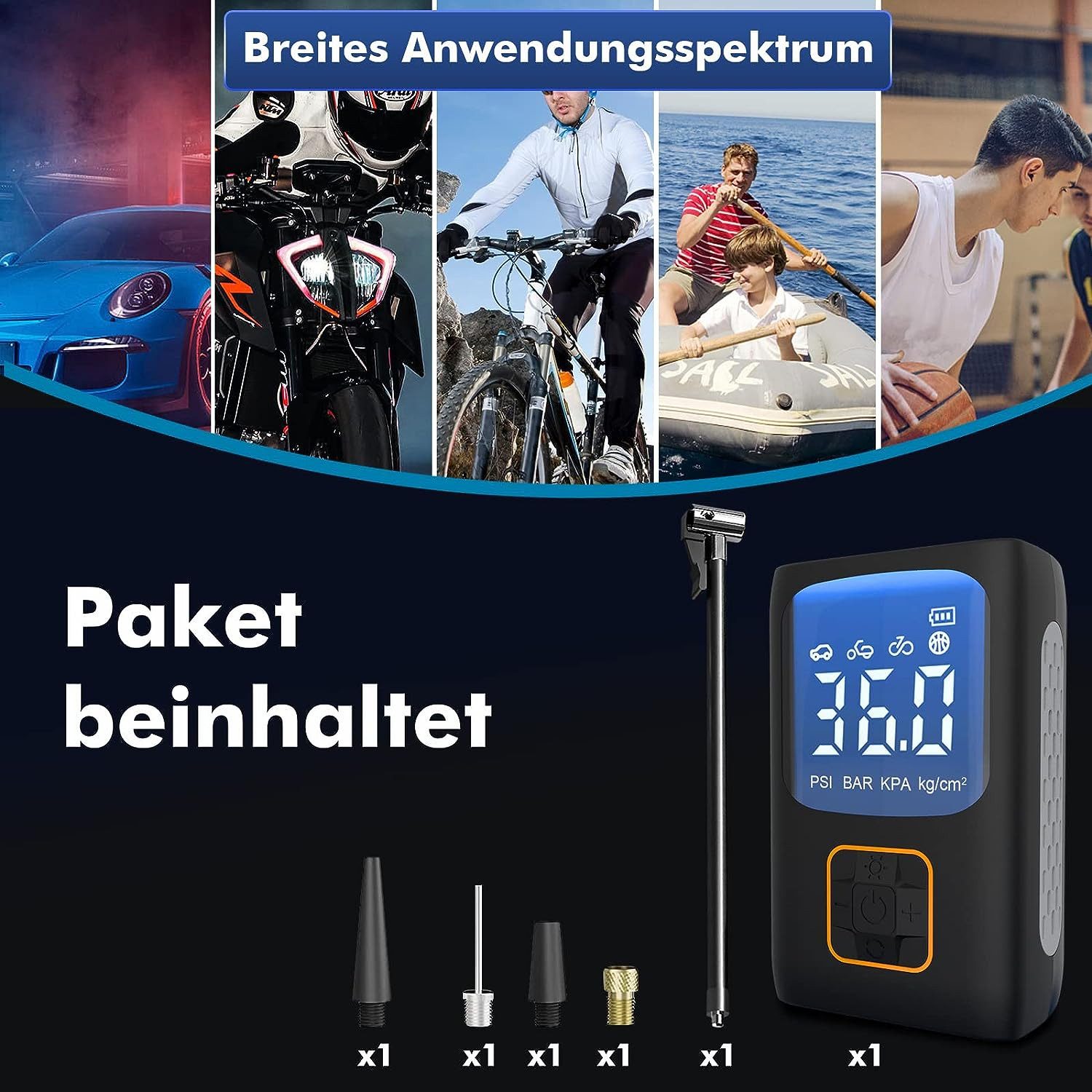 DOPWii Akku-Luftpumpe Luftpumpe Kompressor-Reifenfüller mit LCD-Display,mit 3 Düsenadaptern (1-tlg), Inflator für Autoreifen, Motorrad, Fahrrad, Basketball