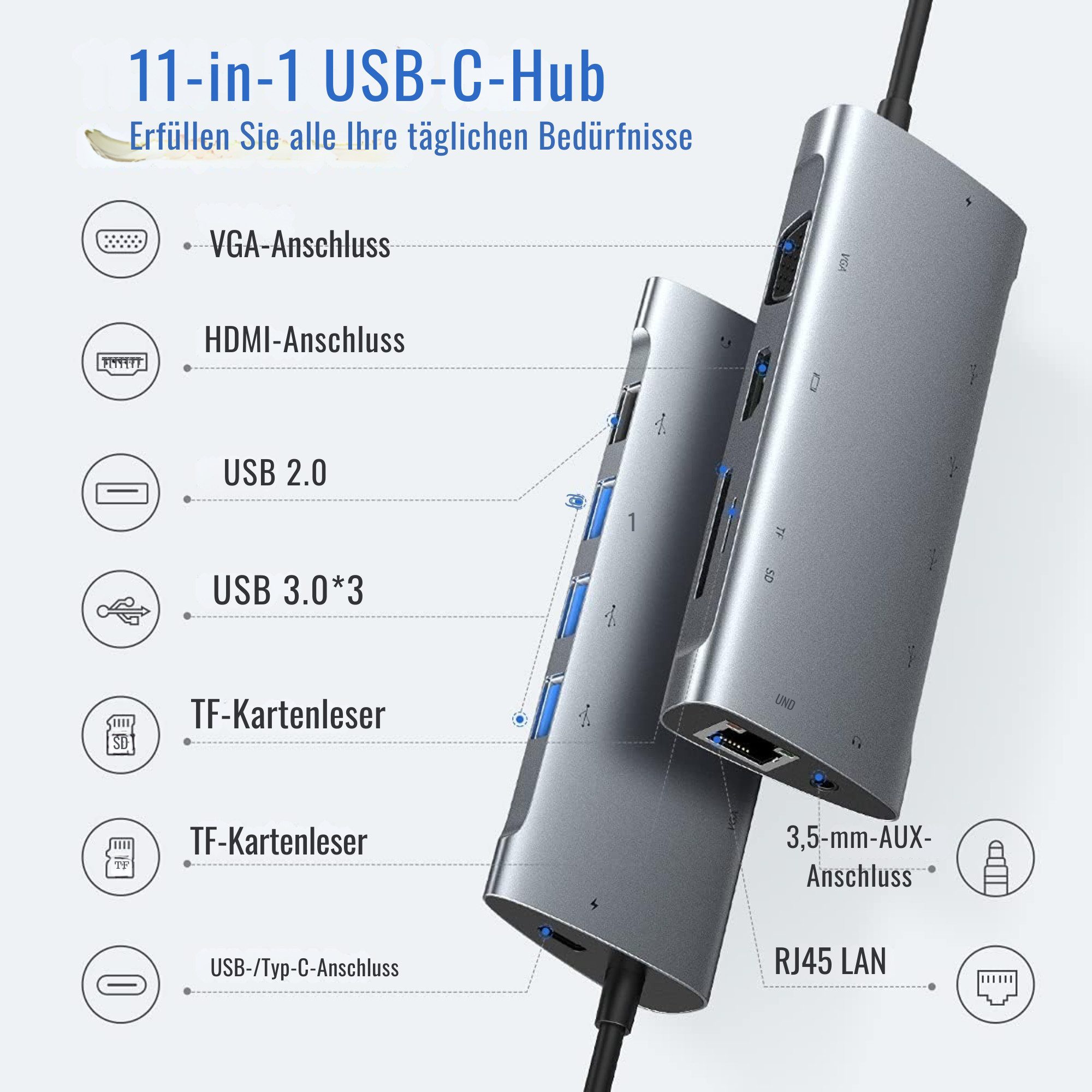 Vivitar 11-in-1-USB-C-Hub mit 4K-HDMI, VGA, 100-W-Stromversorgung, 3x USB 3.0 USB-Adapter USB-C zu USB-C, 14.9 cm, USB 2.0, RJ45 Gigabit-Ethernet, SD/TF-Kartenl – Bild 2 von 5