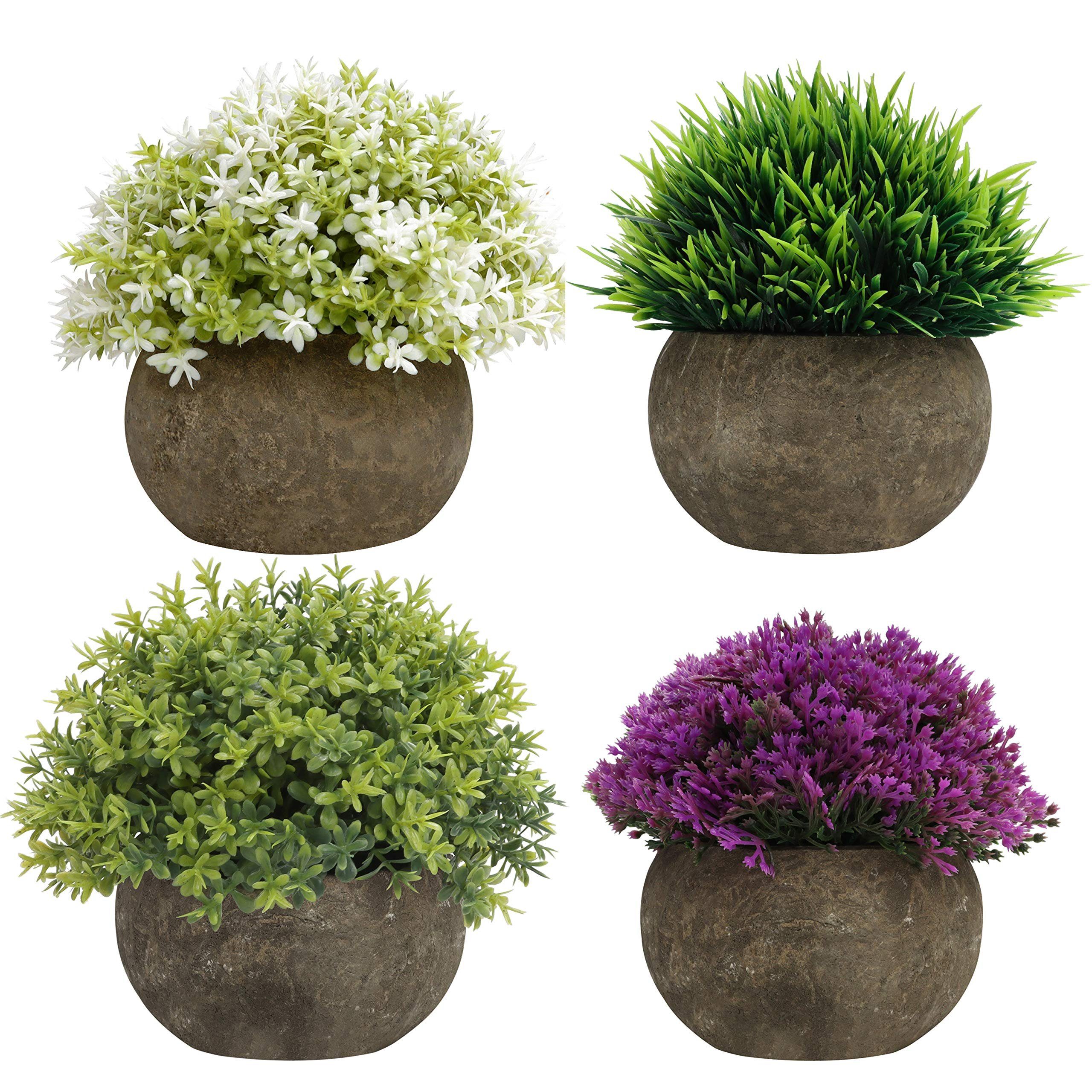 Belle Vous Dekoobjekt Künstliche Mini Pflanzen Set in Grün, Lila und Weiß - 4er Pack, Mini Grün Lila Weiß Kunstpflanzen Set 4er Pack