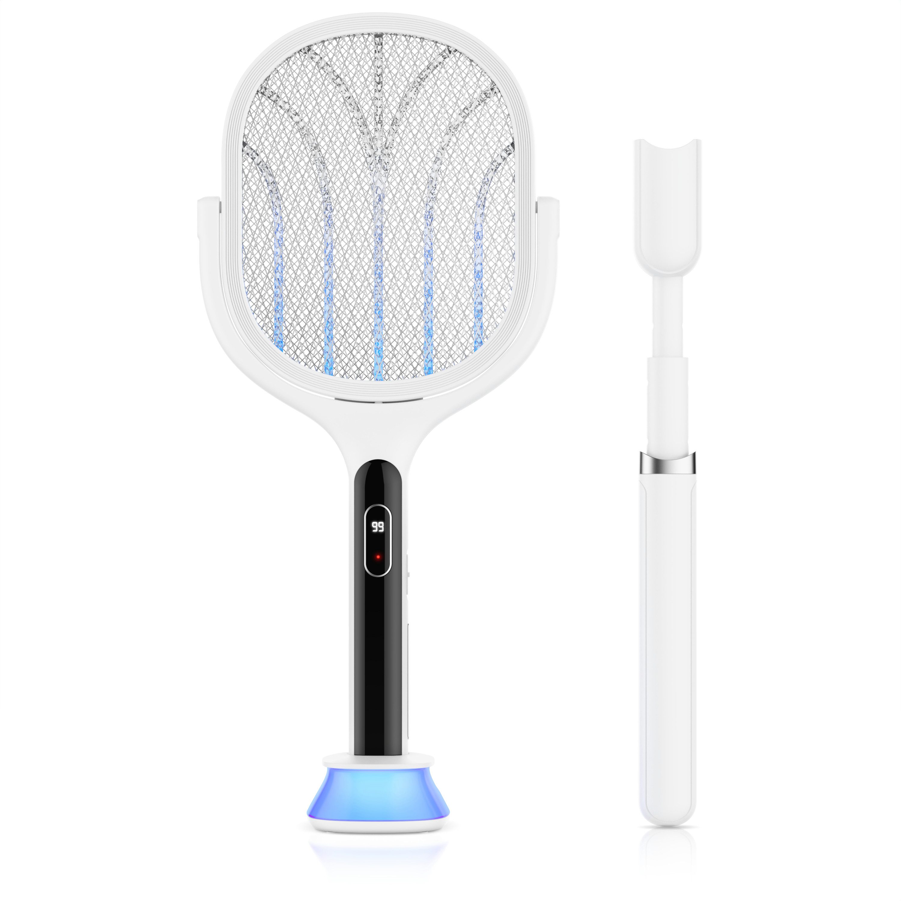 BEARWARE Fliegenklatsche elektrisch, Insektenklatsche mit UV-Falle, Insektenbekämpfung, USB-C, 2700 V Hochspannung, AUTO-Modus, Akku-Display, rotierendes Kopfdesign