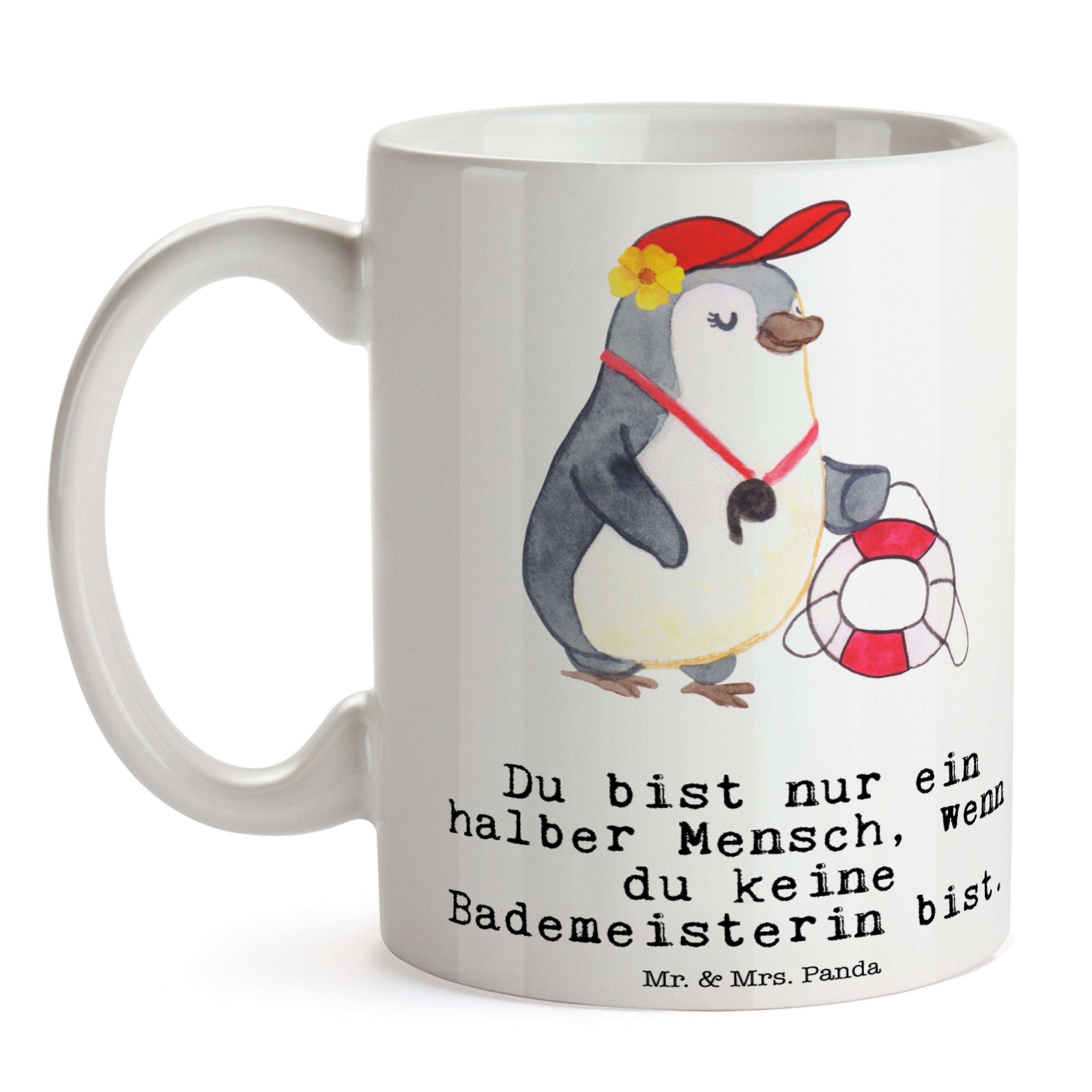 Mr. & Mrs. Panda Tasse Bademeisterin mit Herz - Weiß - Geschenk, Teetasse, Dankeschön, Schwi, Keramik