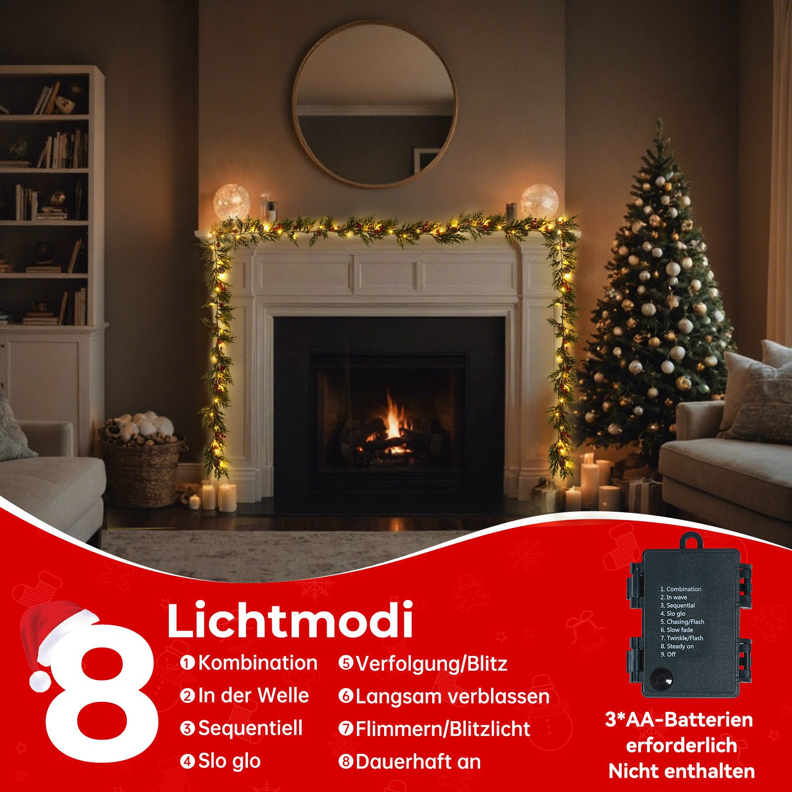 Kunstgirlande mit licht 1.75/2.7M Weihnachtsgirlande mit Beleuchtung, weihnachtsdeko, Elegear, deko für außen & innen, 8 Modi, wasserdichtes Batteriefach, Timer