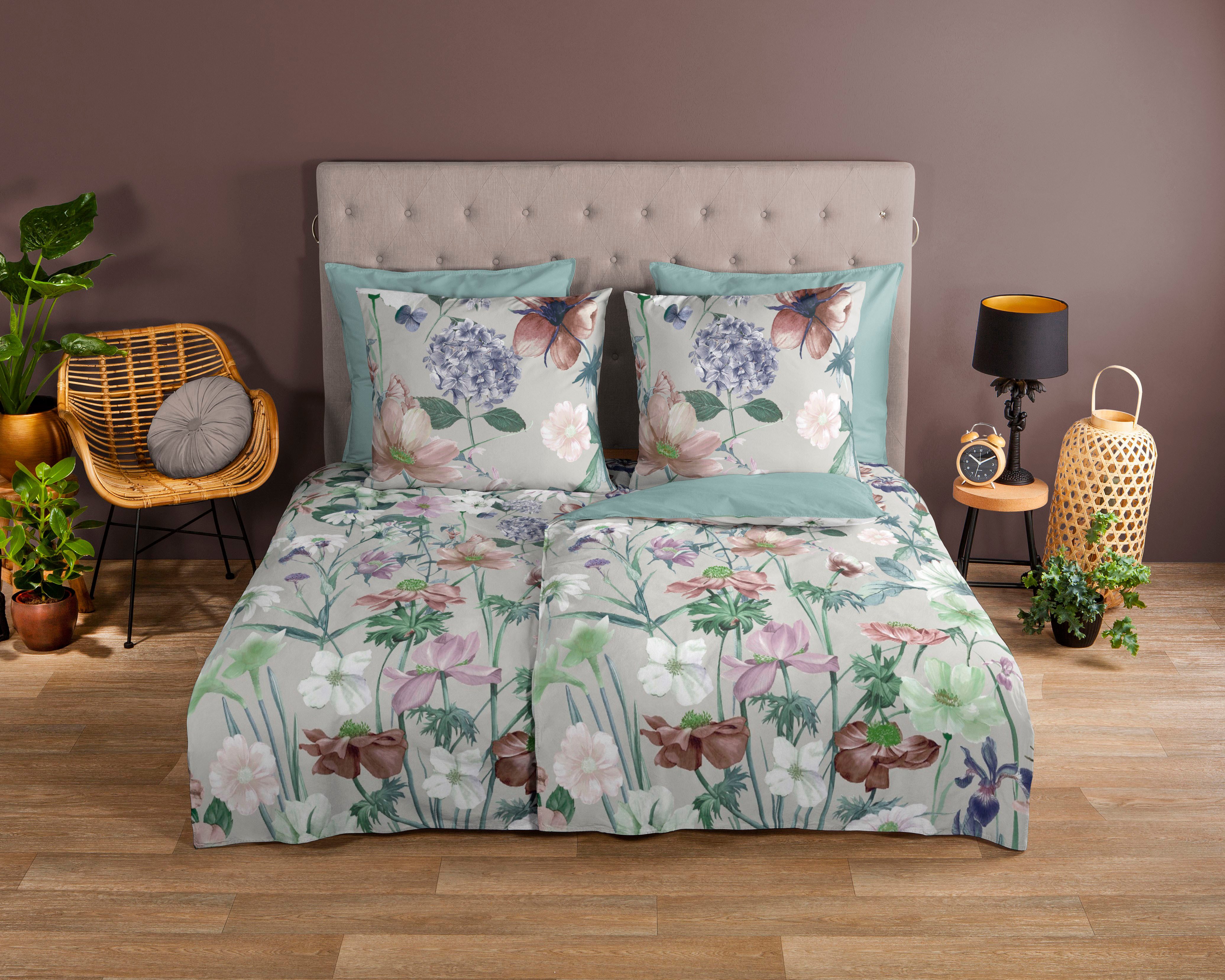 good morning Wendebettwäsche Fina Flowers, Renforcé, 2 teilig, Baumwolle, 135x200, Reißverschluss, Wendeoptik, Blumen, Grau, Grün