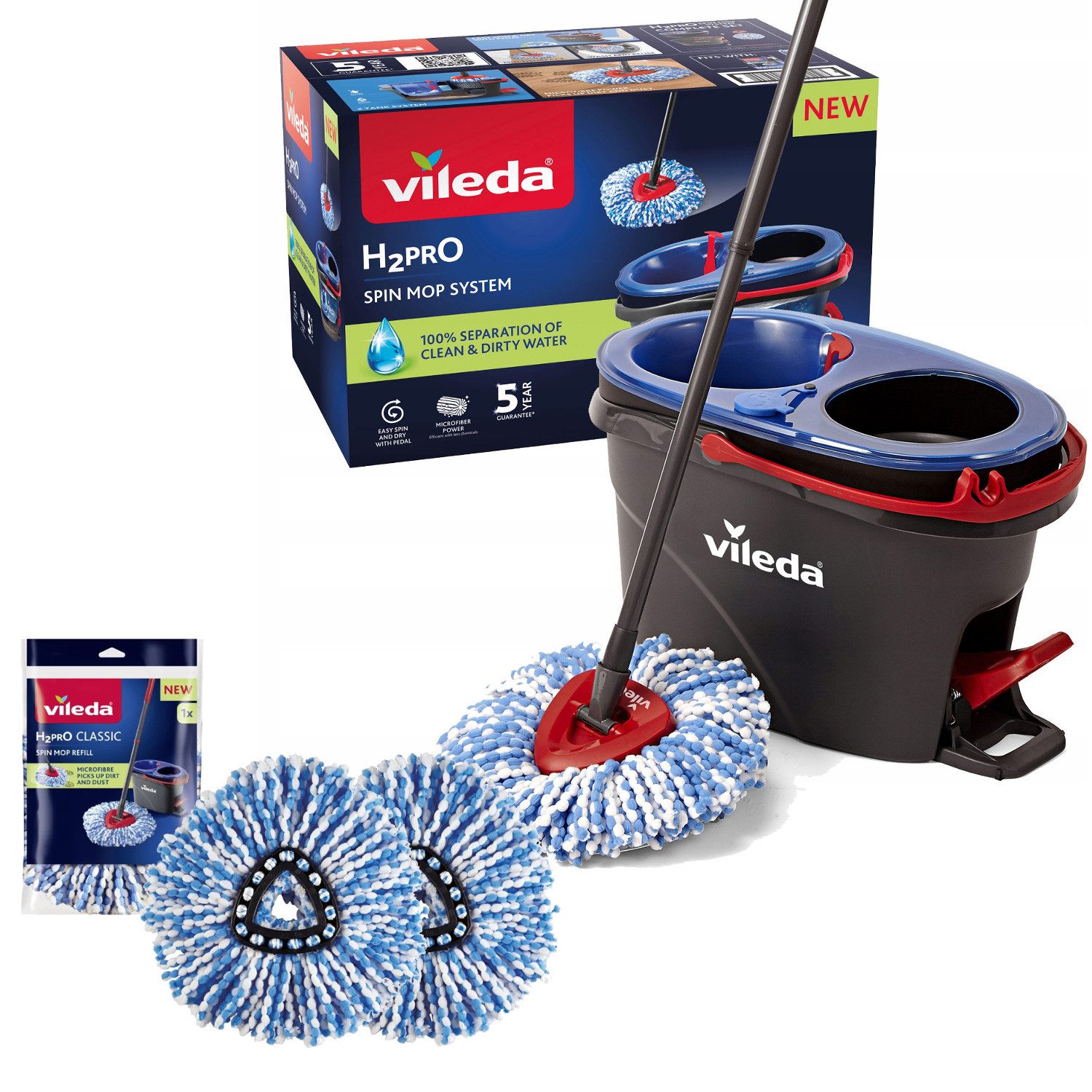 Vileda Wischmopp-Set H2prO Wischmopp mit Eimer 3 Einsätze, Zentrifugationssystem, klappbare Stange, einfache Reinigung von Ecken
