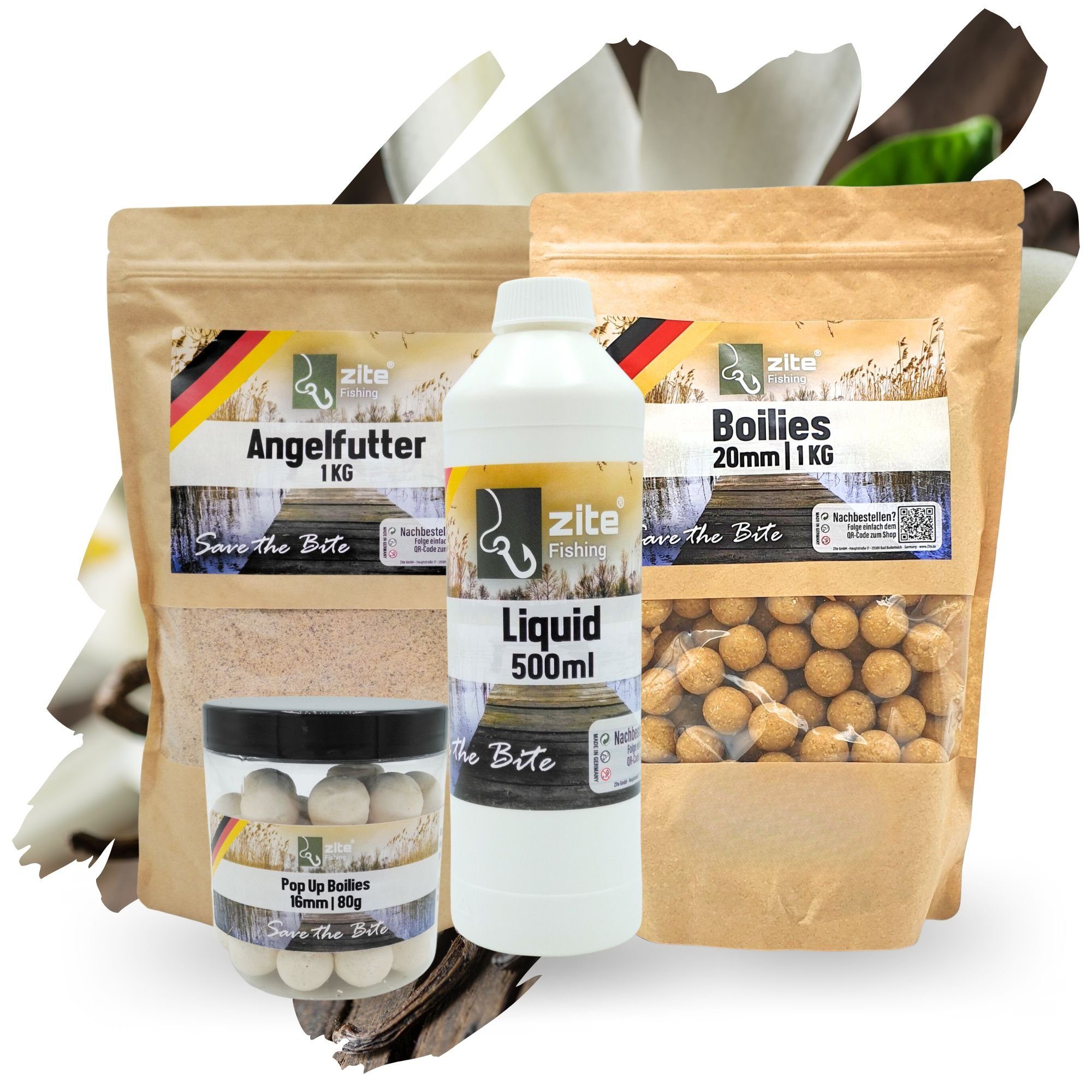 Zite Fischlockstoff Angelfutter Set 16+20mm Boilies, 500ml Liquid und 1kg Grundfutter