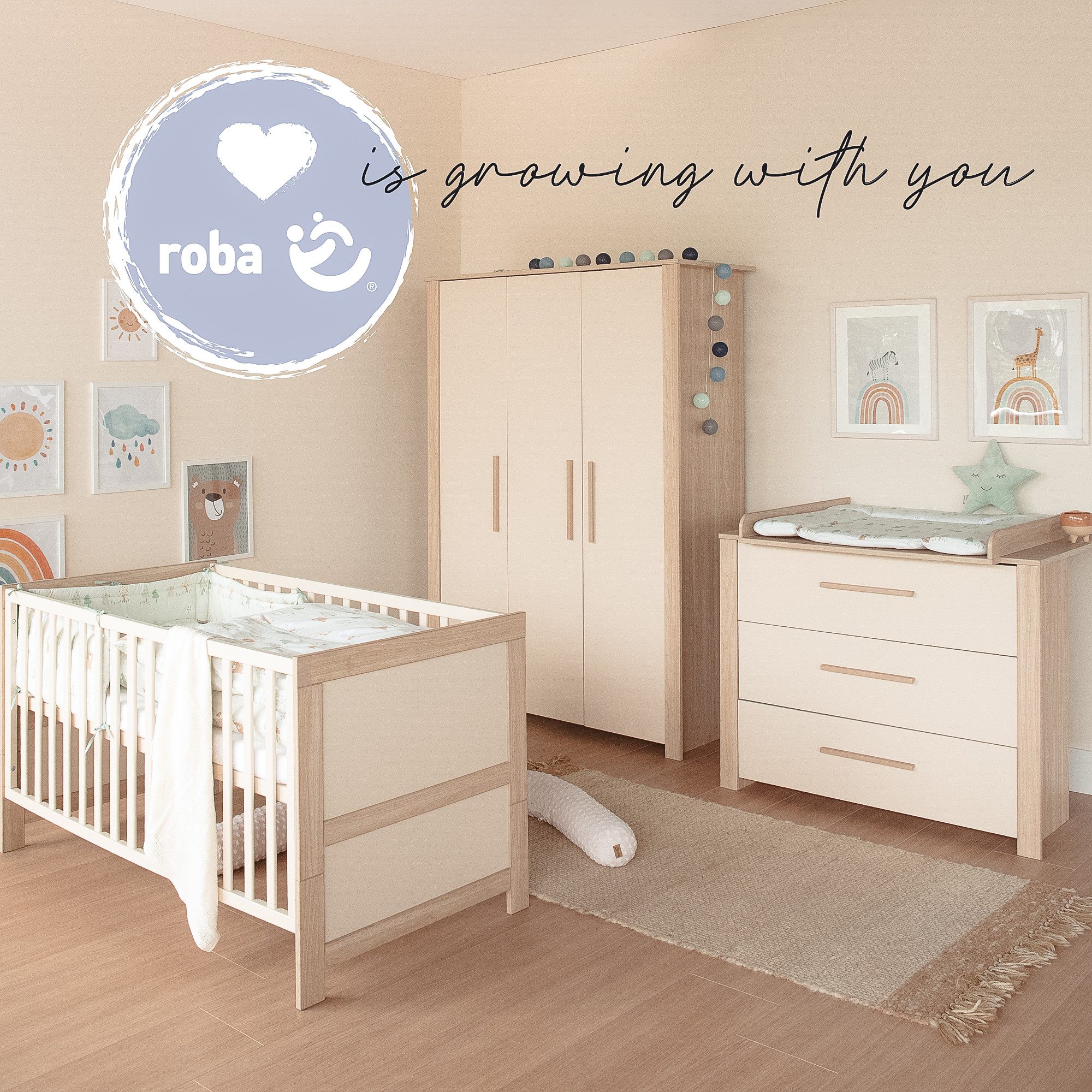 roba® Momo Baby Room Complete Set - Modern Wooden Nursery - Cashmere - Artisan Oak Decor, (3-piece set, 3-piece set, cot 70 x 140 cm, changing table with 3 drawers, wardrobe), cot: removable bars & 3-way height adjustable - Beige / Cashmere