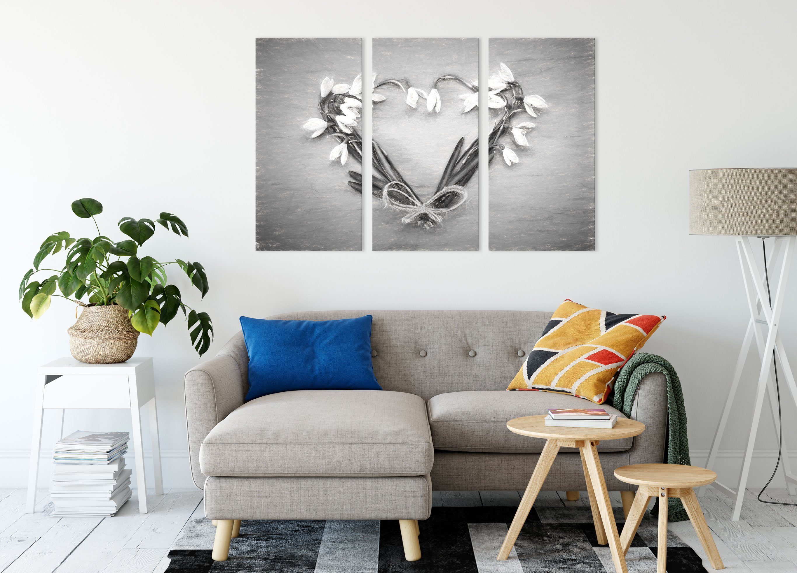 Kunst Pixxprint Leinwandbild St), aus Herz (120x80cm) (1 Blumen Kunst, Zackenaufhänger 3Teiler aus inkl. Blumen fertig bespannt, Leinwandbild Herz