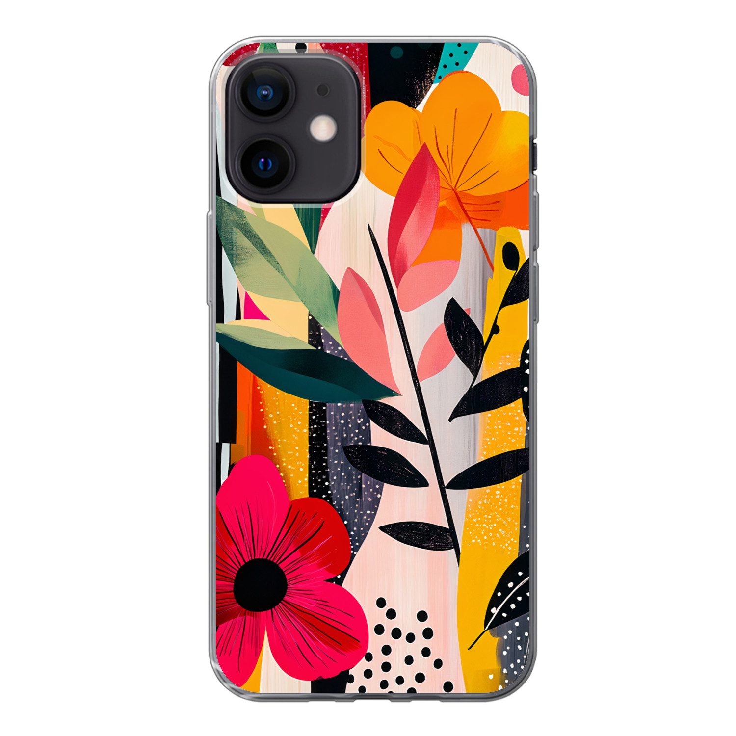 MuchoWow Handyhülle für Apple iPhone 12 Blumen - Blätter - Abstrakt - Farbenfroh, Smartphone-Bumper, Print, Handy Schutzhülle Dünn