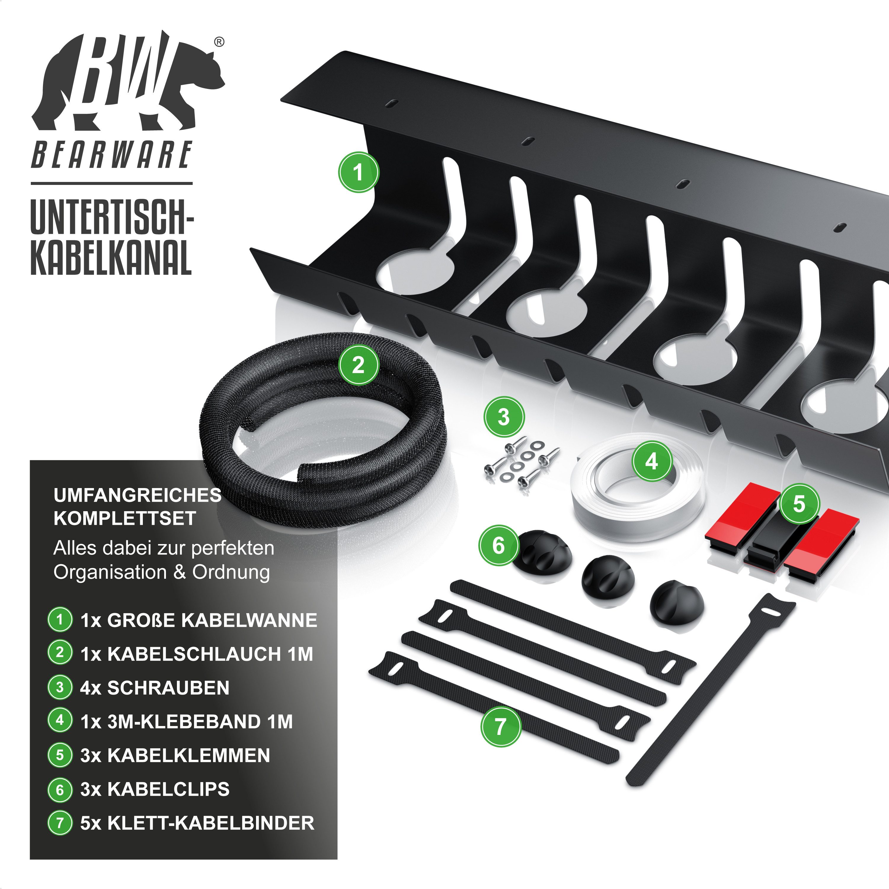 BEARWARE Kabelkanal für Schreibtisch, Untertisch Kabelhalter, Kabelmanagement ohne Bohren (Set), Edelstahl Kabelführung für Zuhause, Büro & Office, Kabelorganisation